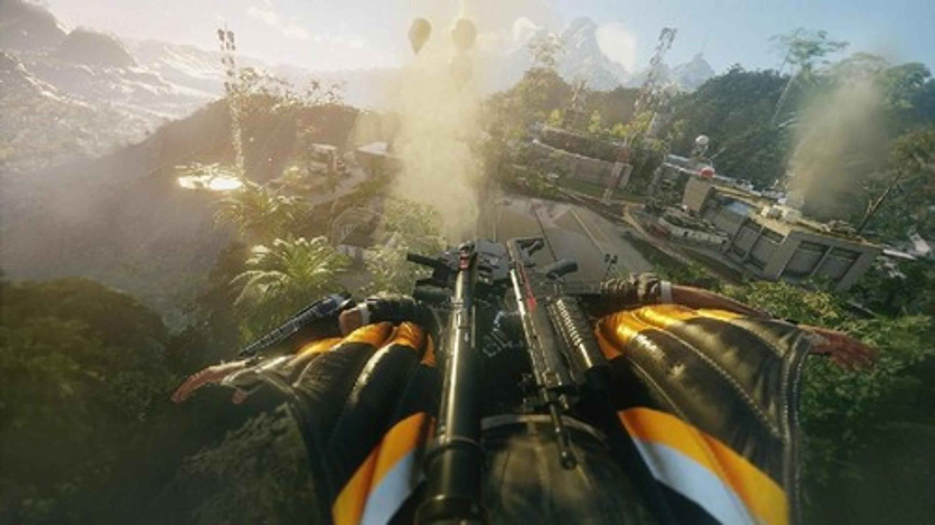 Person in wingsuit with guns flying over a jungle landscape with buildings.