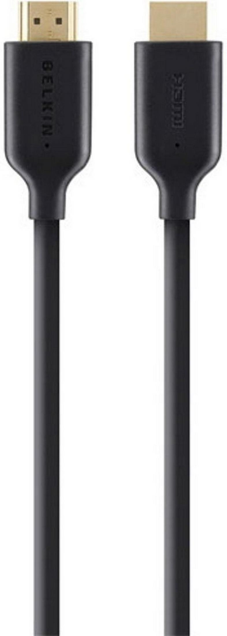 Due cavi HDMI neri con connettori dorati, uno etichettato 