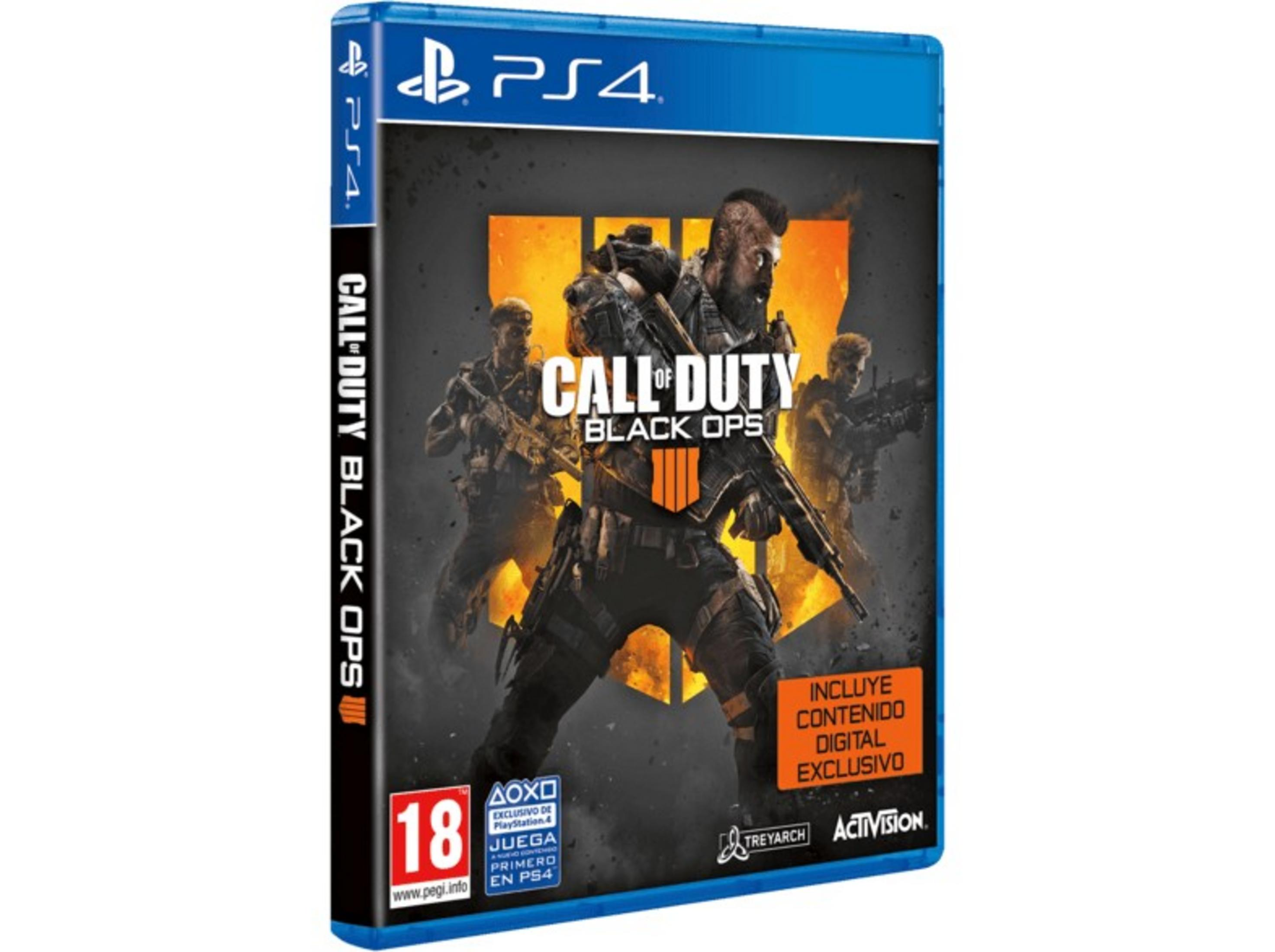 Custodia del gioco Call of Duty Black Ops 4 PS4 con soldati sullo sfondo.