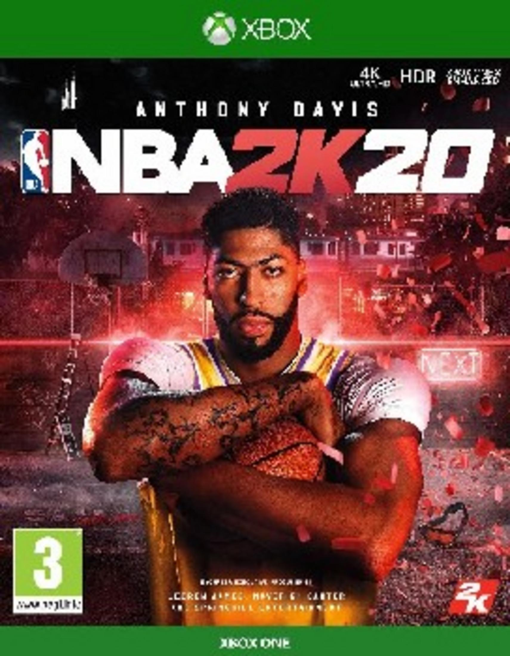 Portada de NBA 2K20 con Anthony Davis, baloncesto y logo de Xbox.