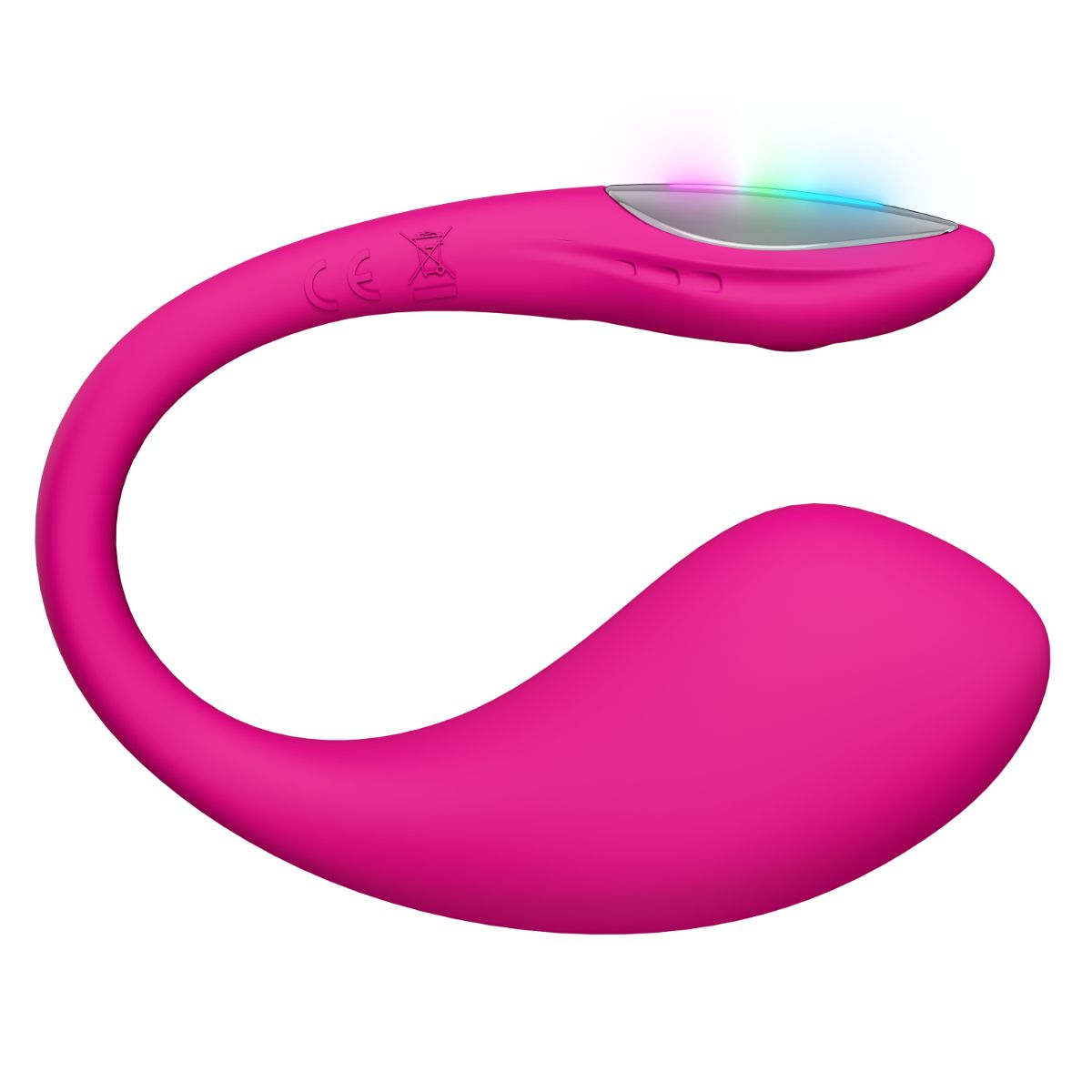 Ein pinker Vibrator mit bunten Lichtern oben. Er hat eine gebogene Form.