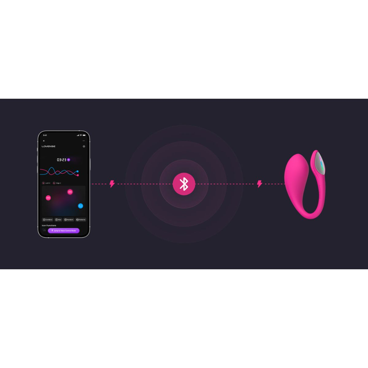 Pinker Vibrator über Bluetooth mit einer Handy-App verbunden, die Muster anzeigt.