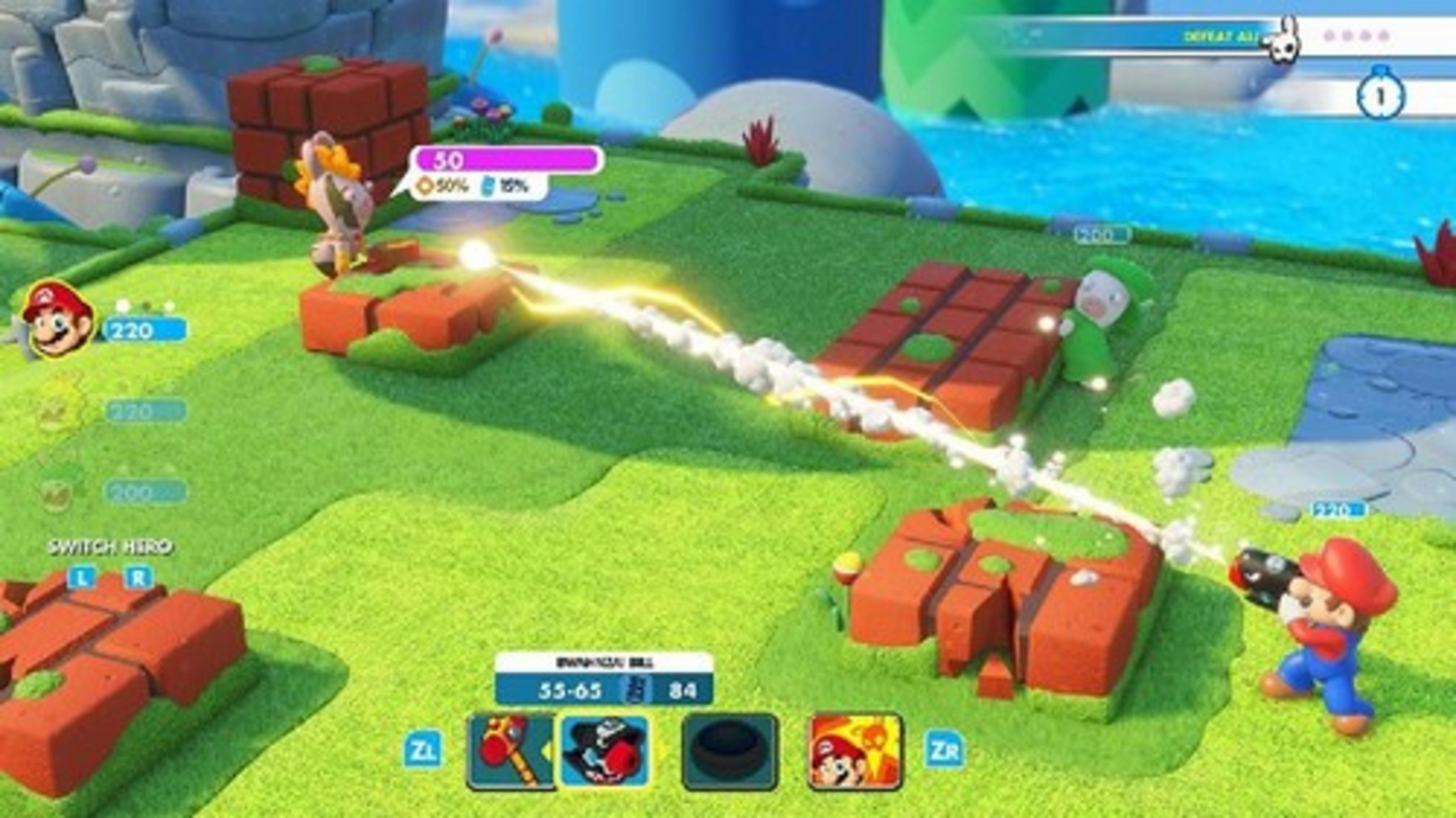 Mario dispara un arma a un enemigo en un entorno de videojuego.