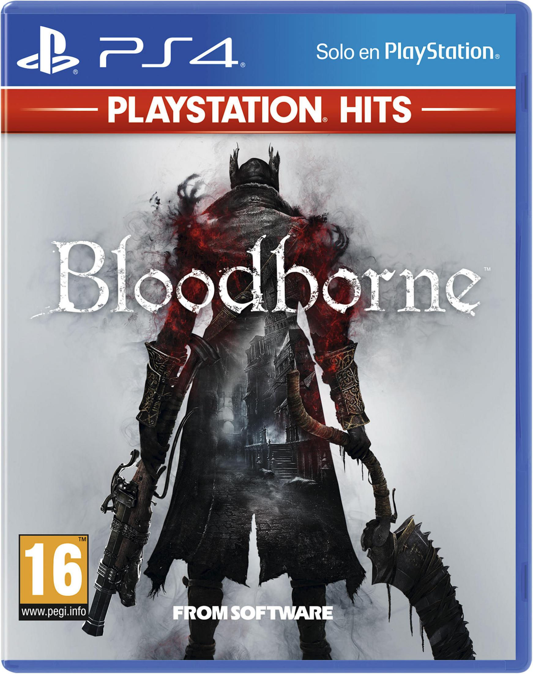 Copertina di Bloodborne per PS4 con un guerriero in armatura scura.