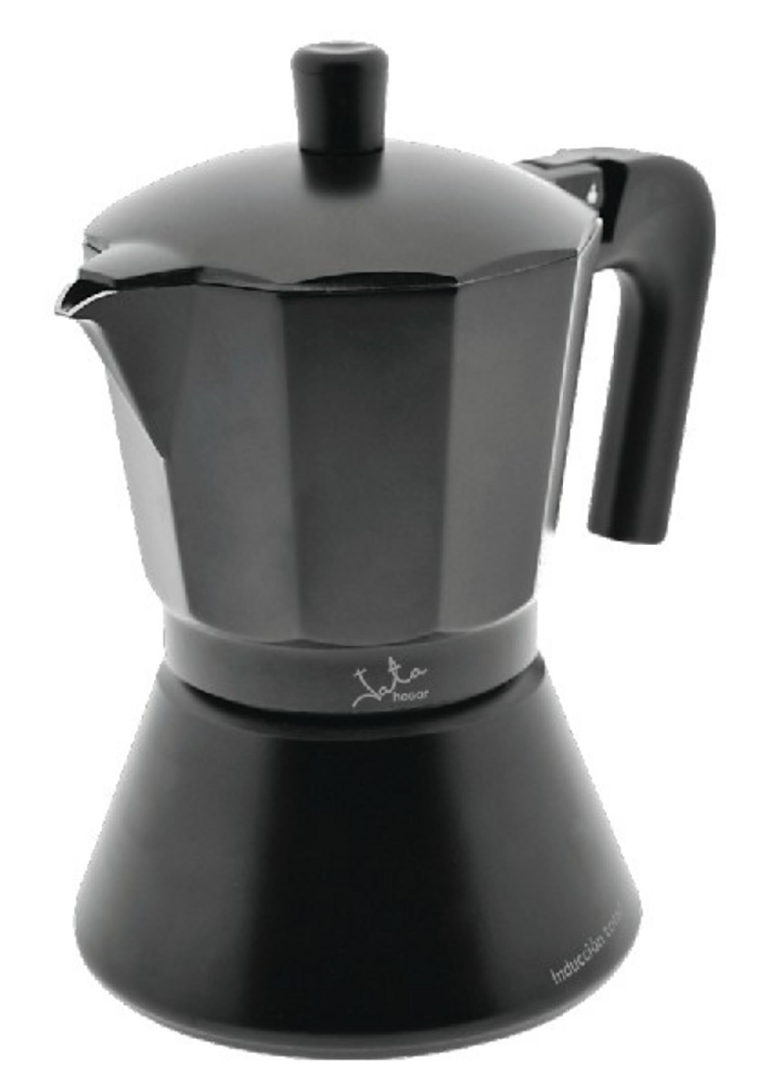 Una caffettiera espresso nera in metallo con manico e beccuccio.