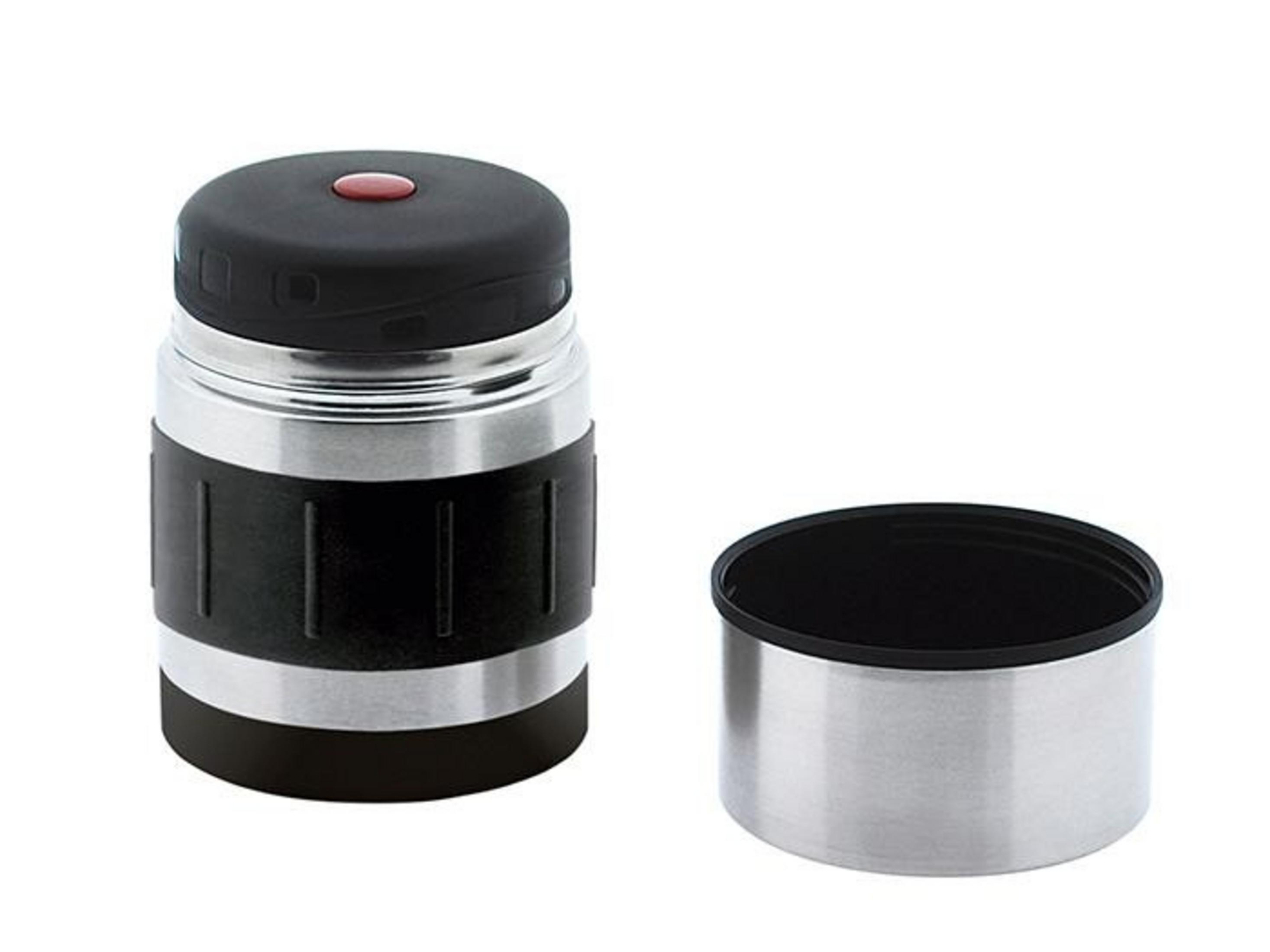 Ein silberner Thermosbehälter mit schwarzem Griff und rotem Knopf neben seinem Deckel.