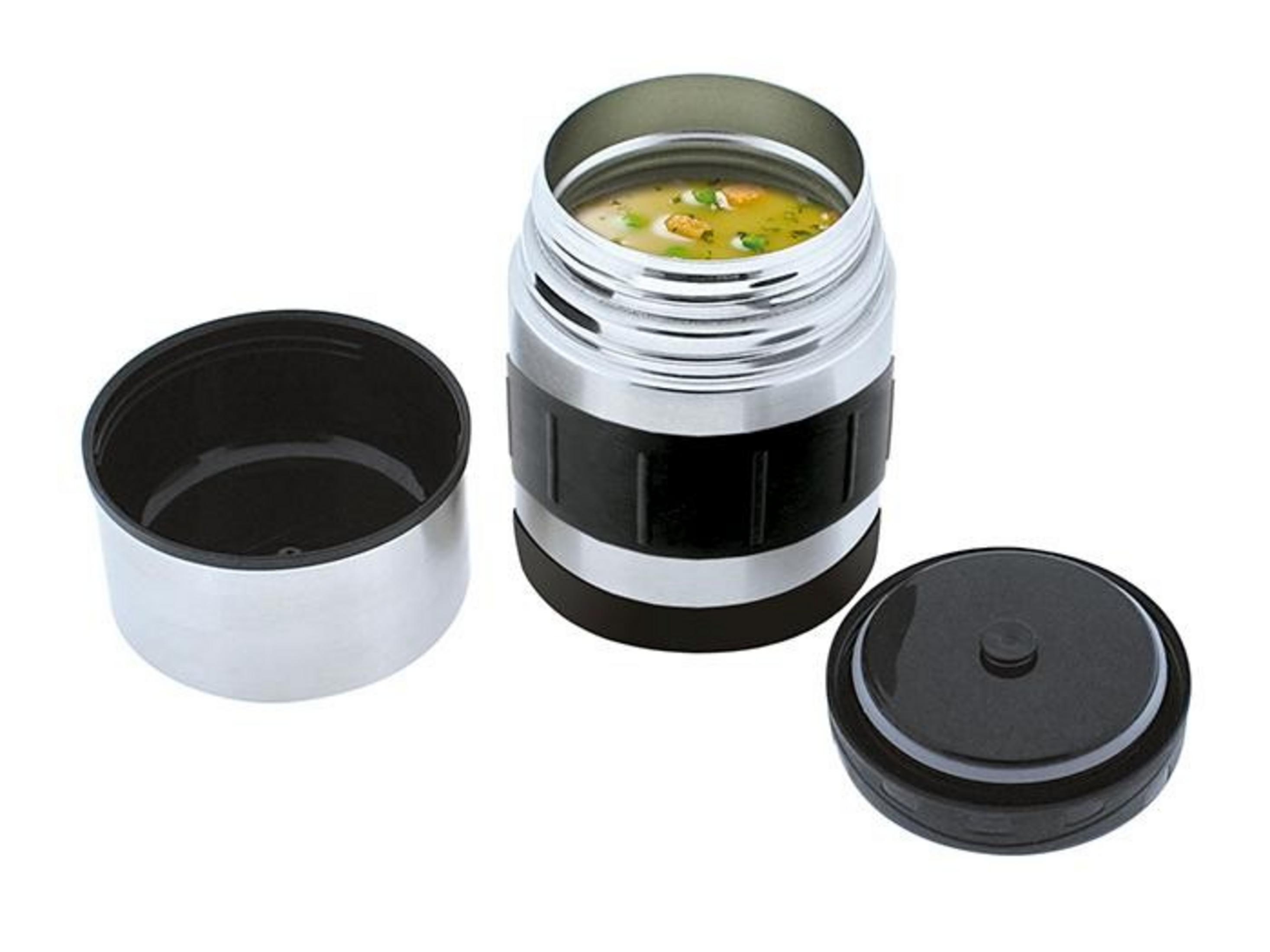 Ein offener Thermosbehälter mit gelber Suppe und zwei Deckeln daneben.
