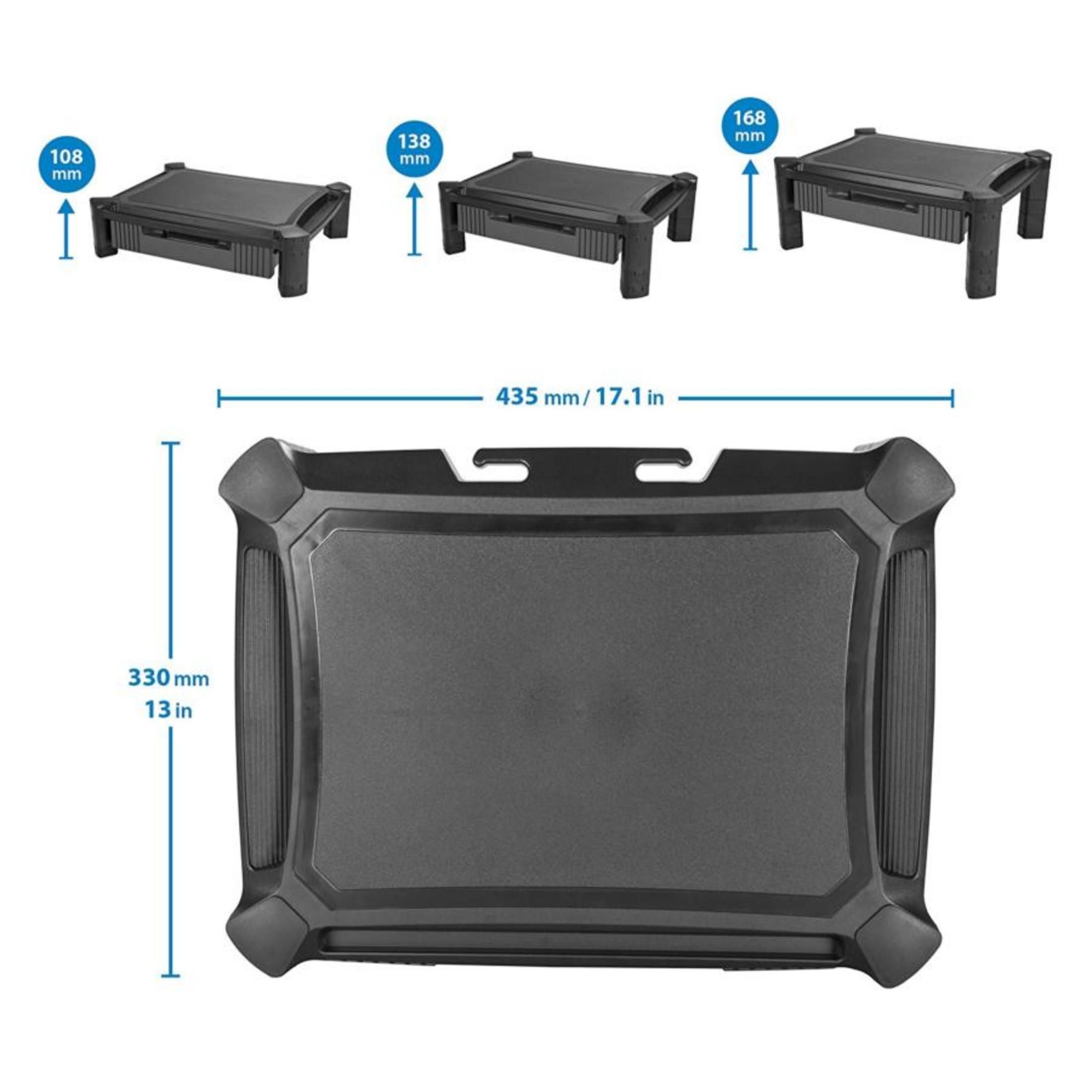 Trois supports noirs pour moniteur avec indications de hauteur différentes.