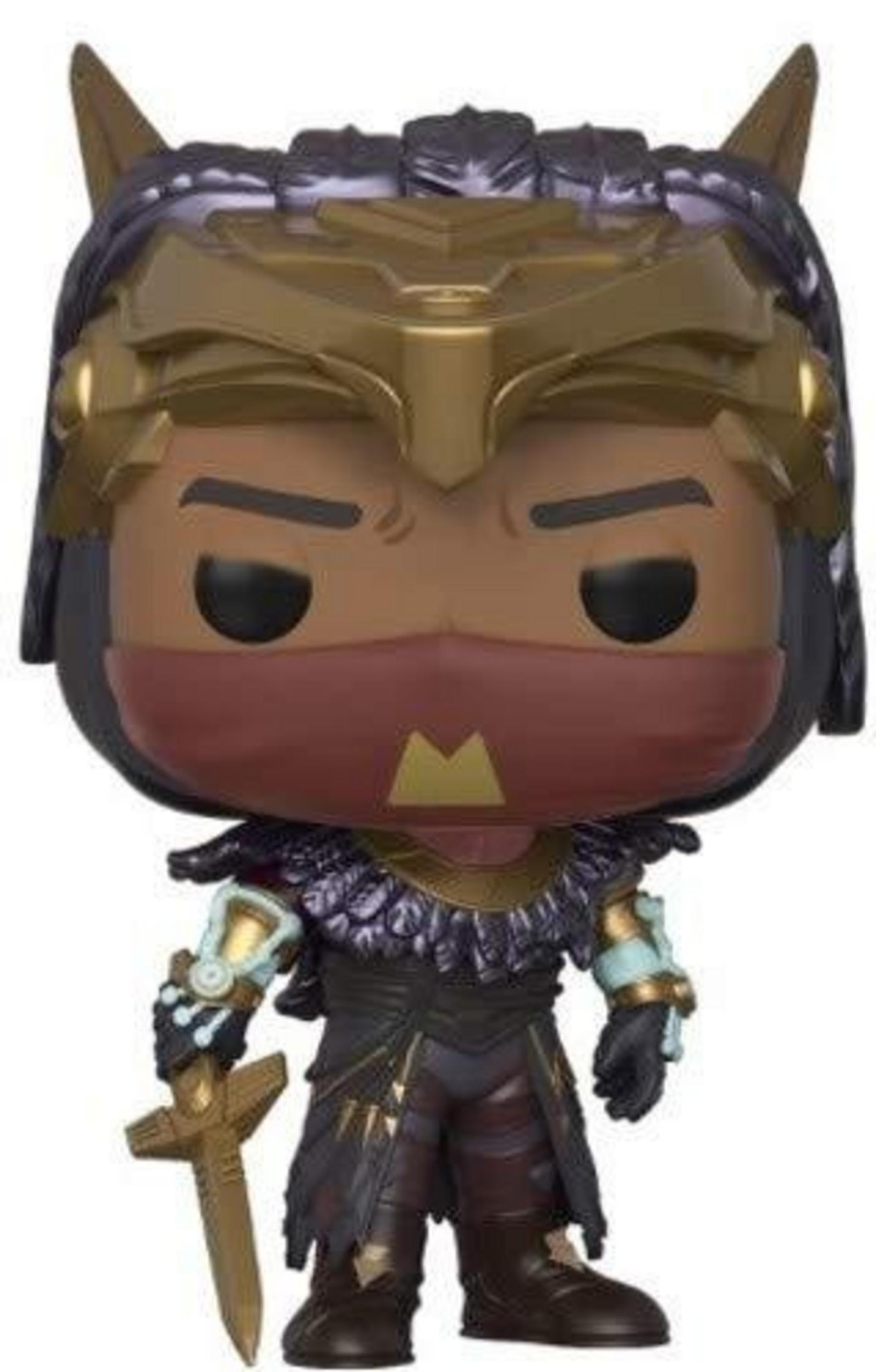 Figura Funko Pop! di un guerriero con elmo dorato e maschera rossa.