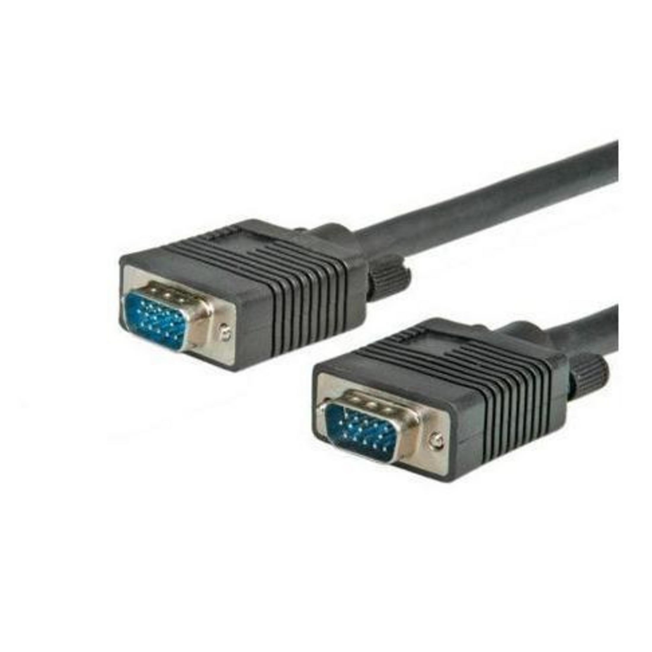 Zwei schwarze VGA-Kabel mit blauen Anschlüssen auf weißem Hintergrund.