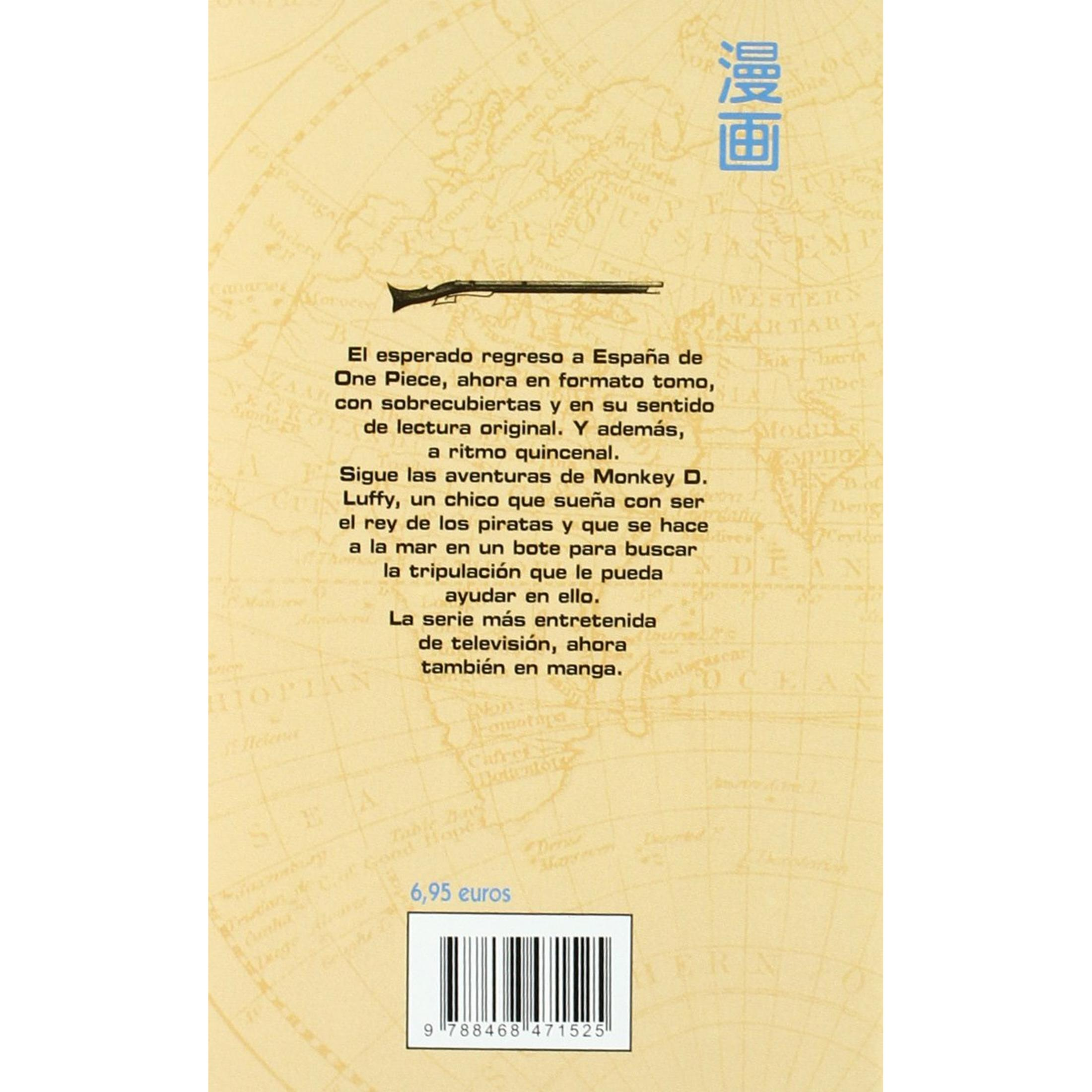 Lomo de libro con mapa y texto sobre One Piece, precio y código de barras.