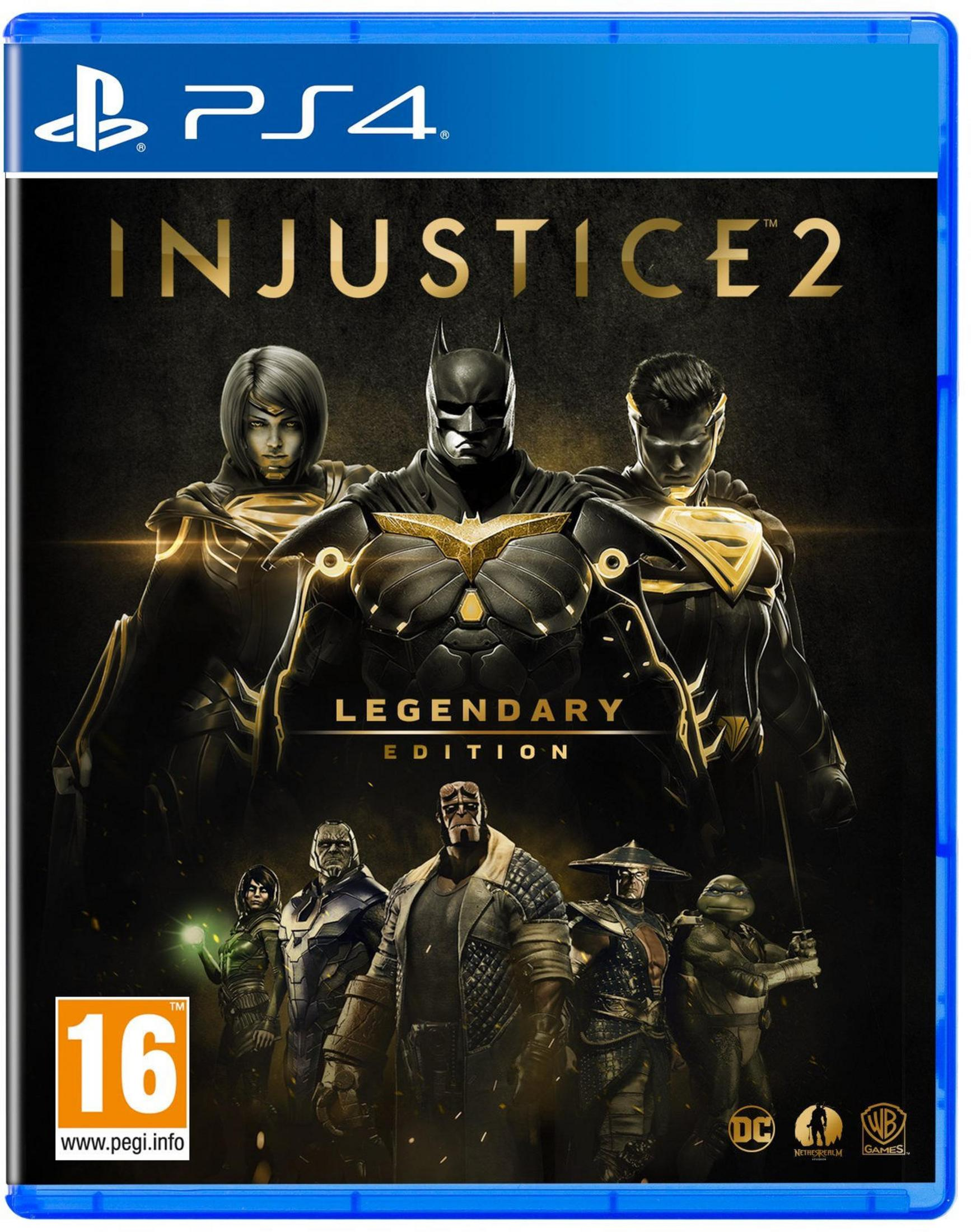 Copertina del gioco Injustice 2 Legendary Edition PS4 con Batman, Superman e altri personaggi DC.
