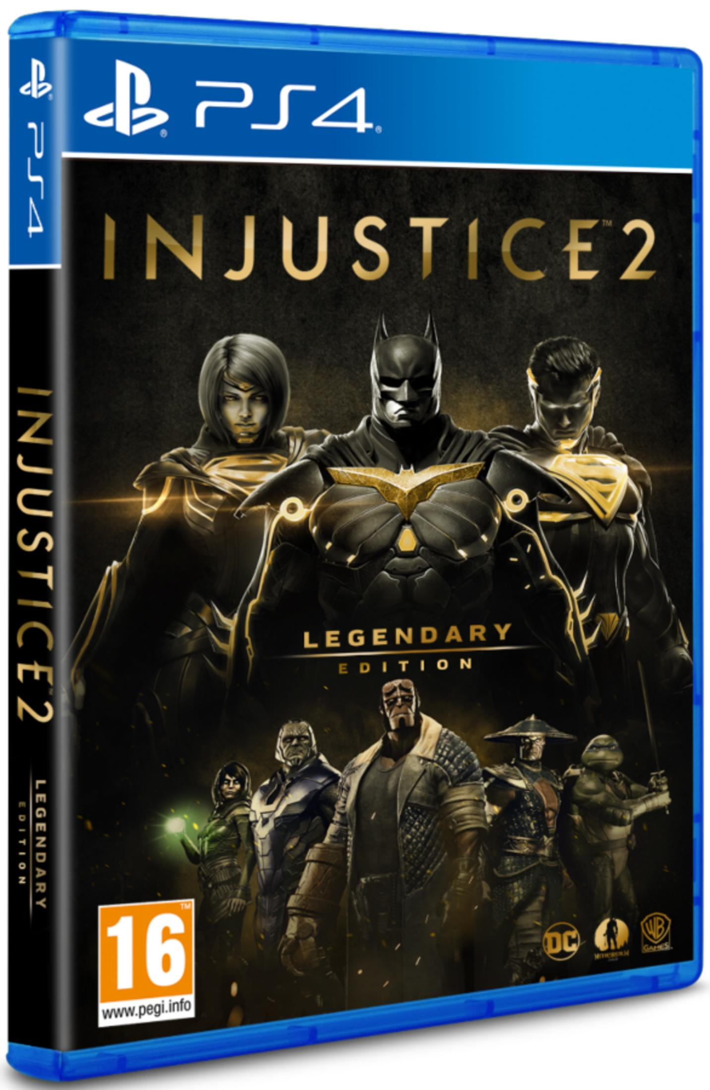 Copertina PS4 Injustice 2 Legendary Edition con Batman, Superman, Supergirl e altri personaggi.
