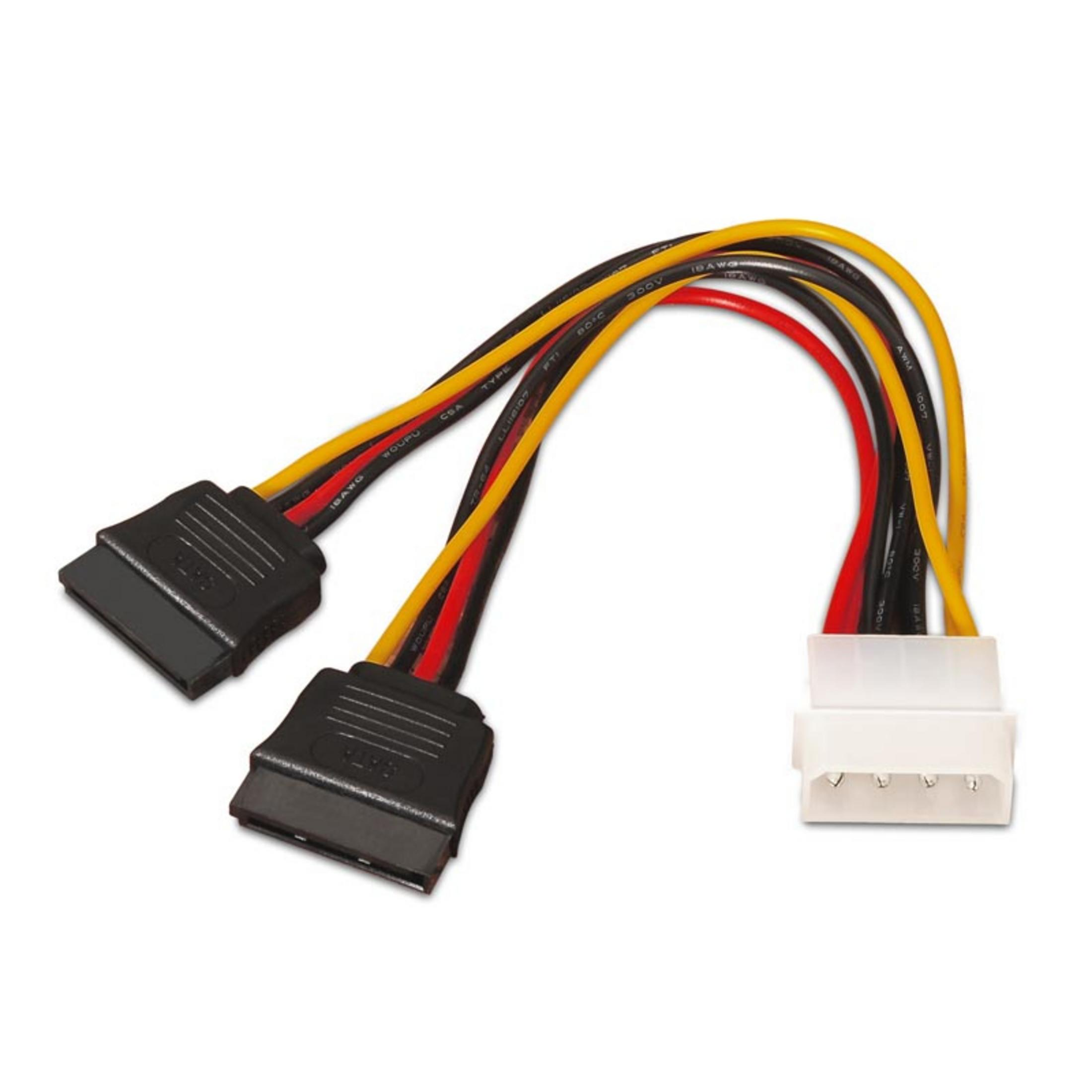 Un cavo adattatore con due connettori SATA neri e un connettore bianco a 4 pin.