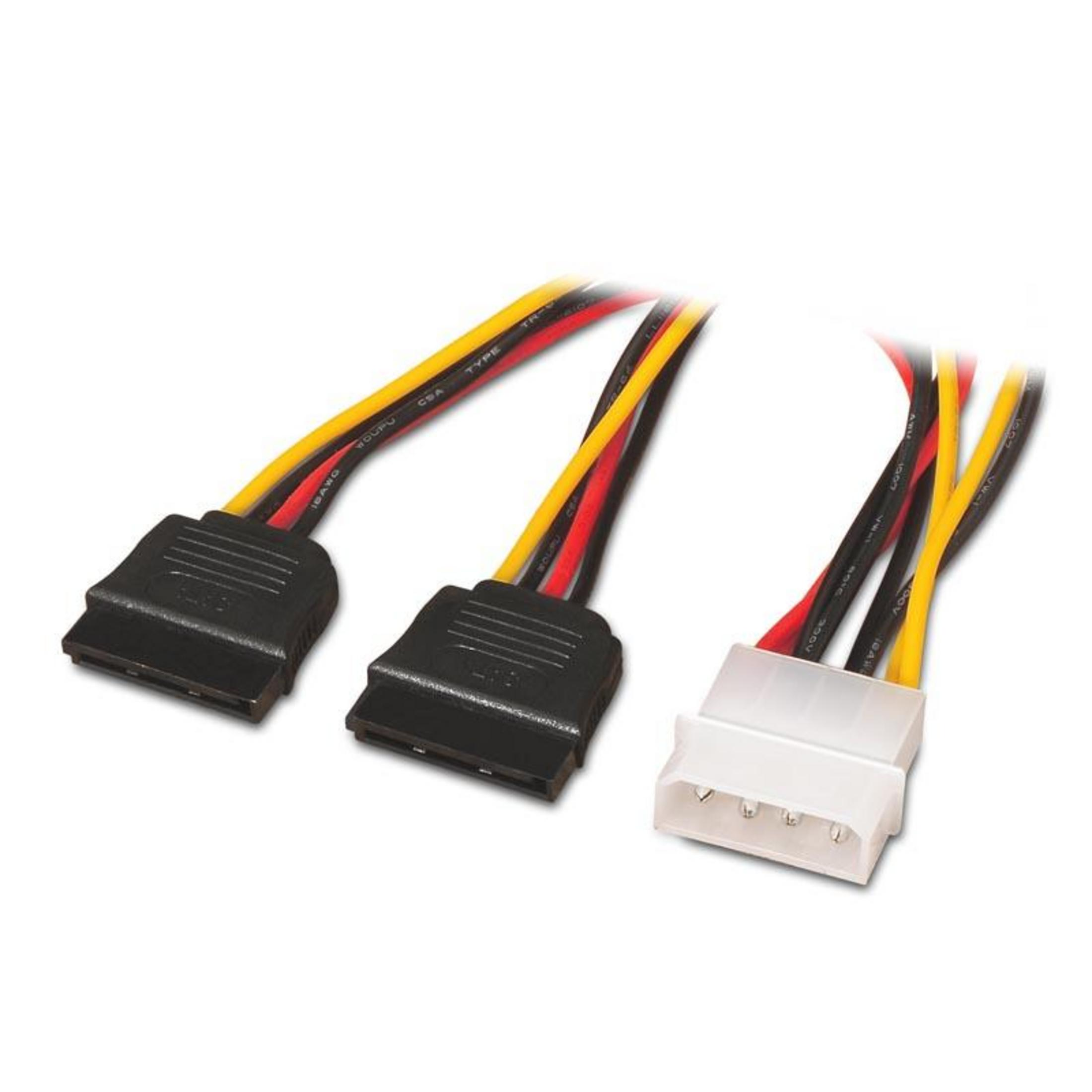 Tre cavi per computer: due connettori SATA neri, un connettore bianco a 4 pin.