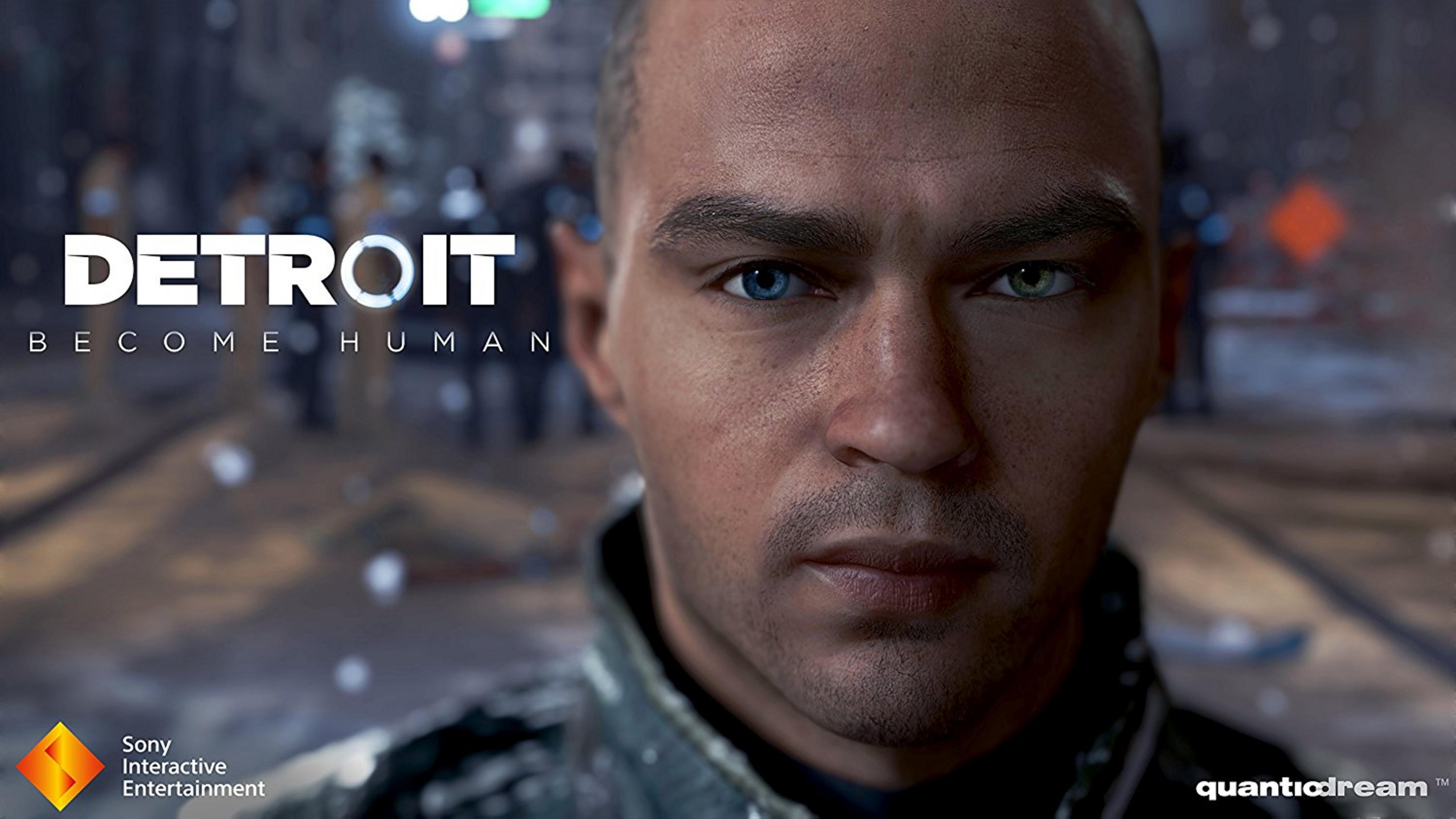 Primer plano de un hombre con heterocromía, logo de Detroit: Become Human.