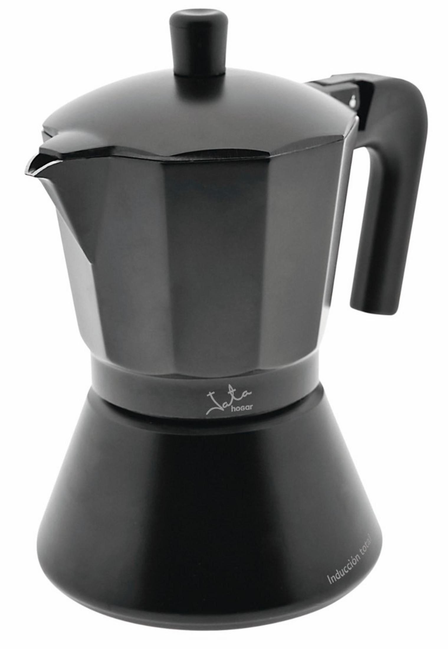 Una caffettiera in metallo nero con manico e beccuccio.