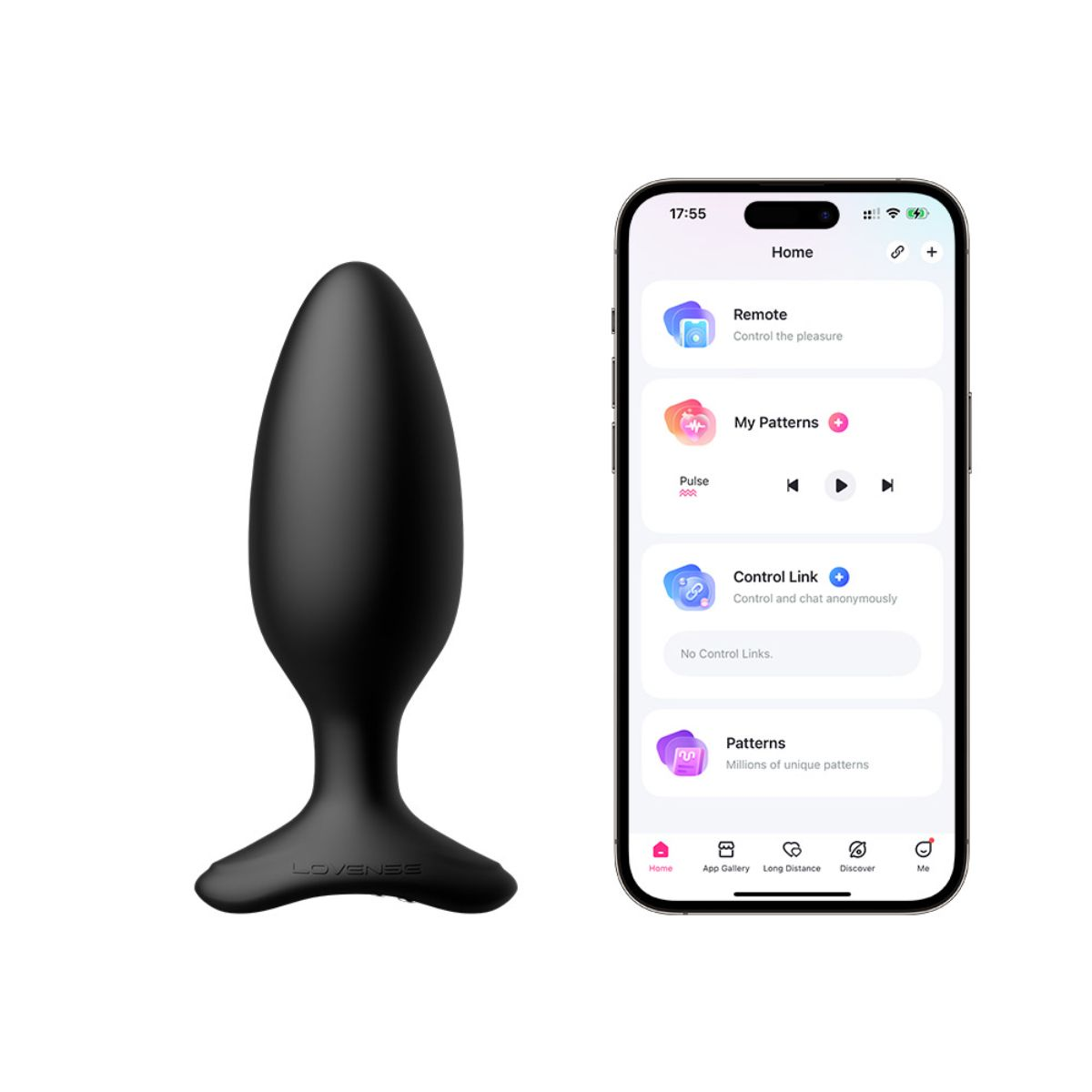 Ein schwarzer Plug und ein Smartphone mit der Lovense App.