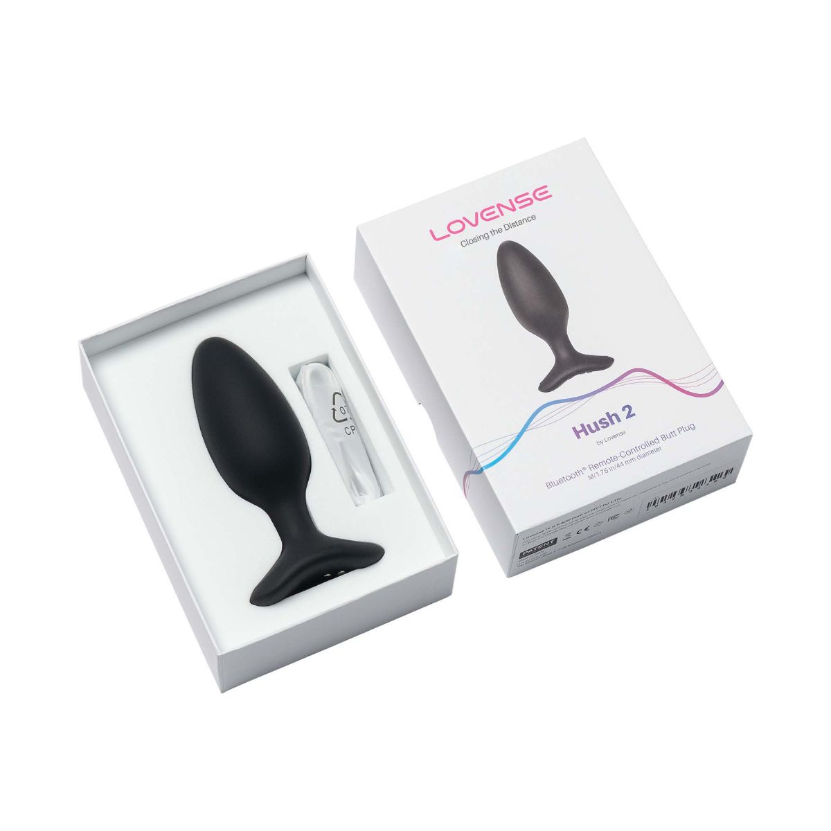 Ein schwarzer Lovense Hush 2 Butt Plug in weißer Verpackung und Schachtel.