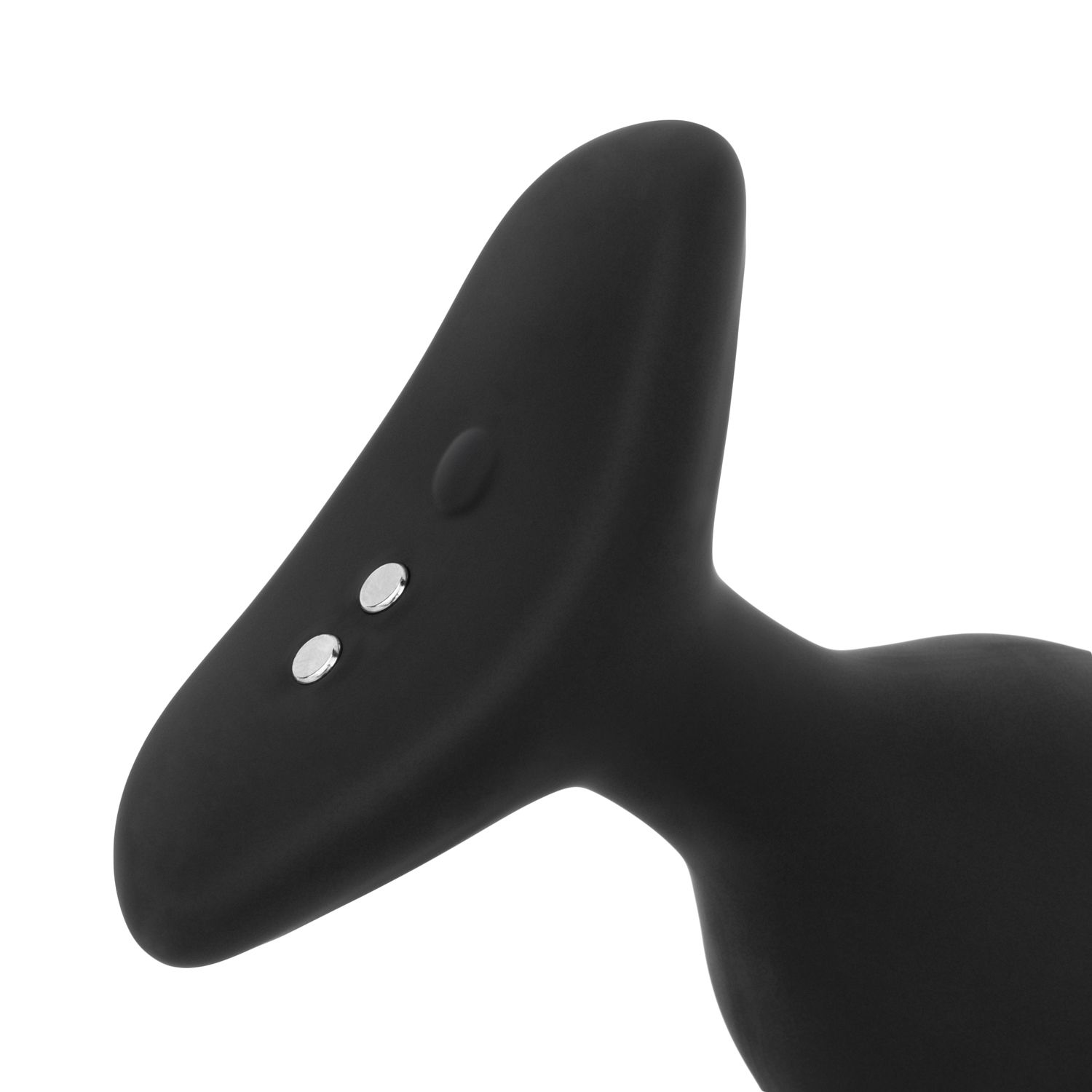 Ein schwarzes, ergonomisch geformtes Objekt mit zwei silbernen Knöpfen auf weißem Hintergrund.