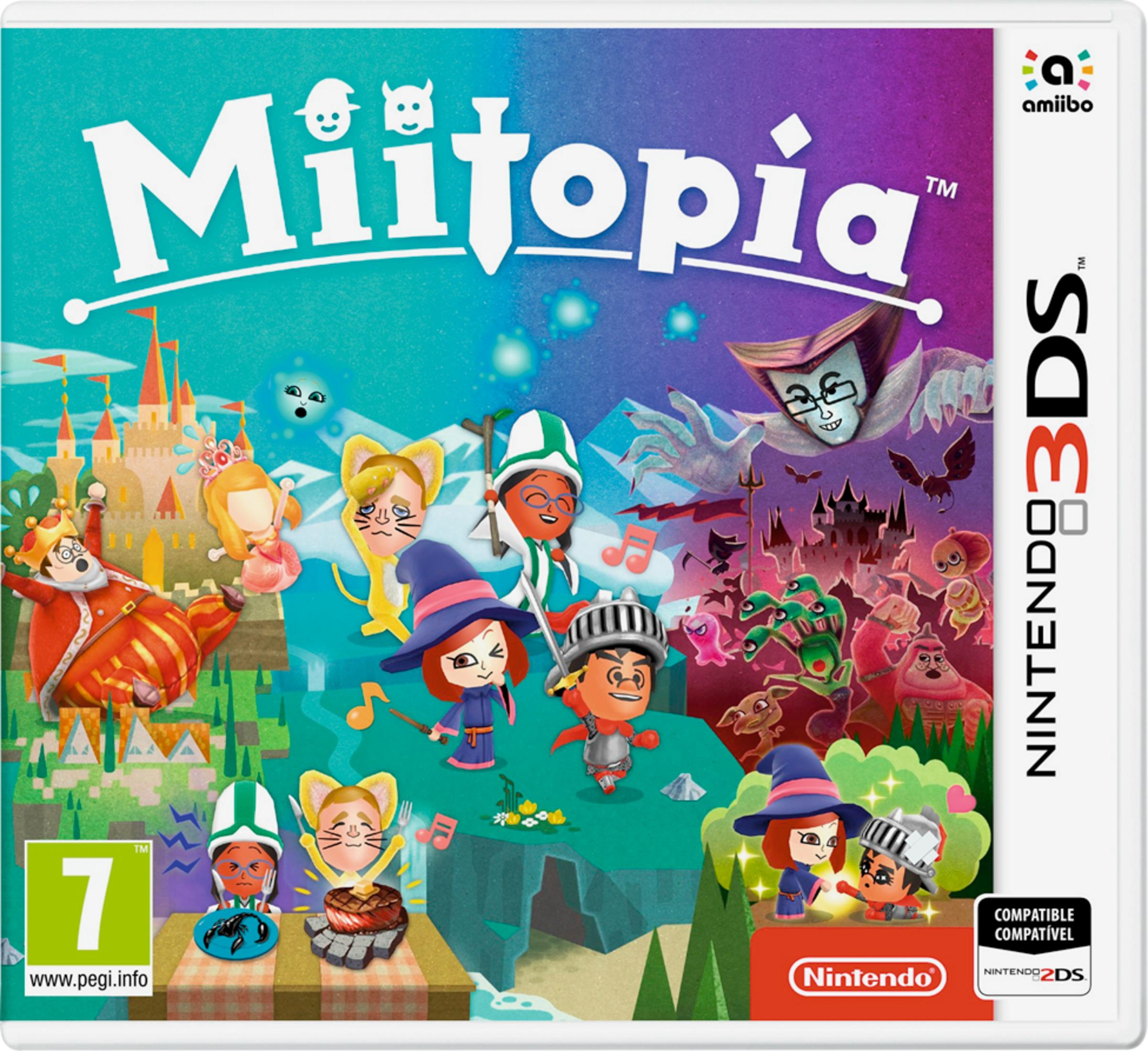 La copertina del gioco Miitopia presenta personaggi colorati, un castello e mostri.