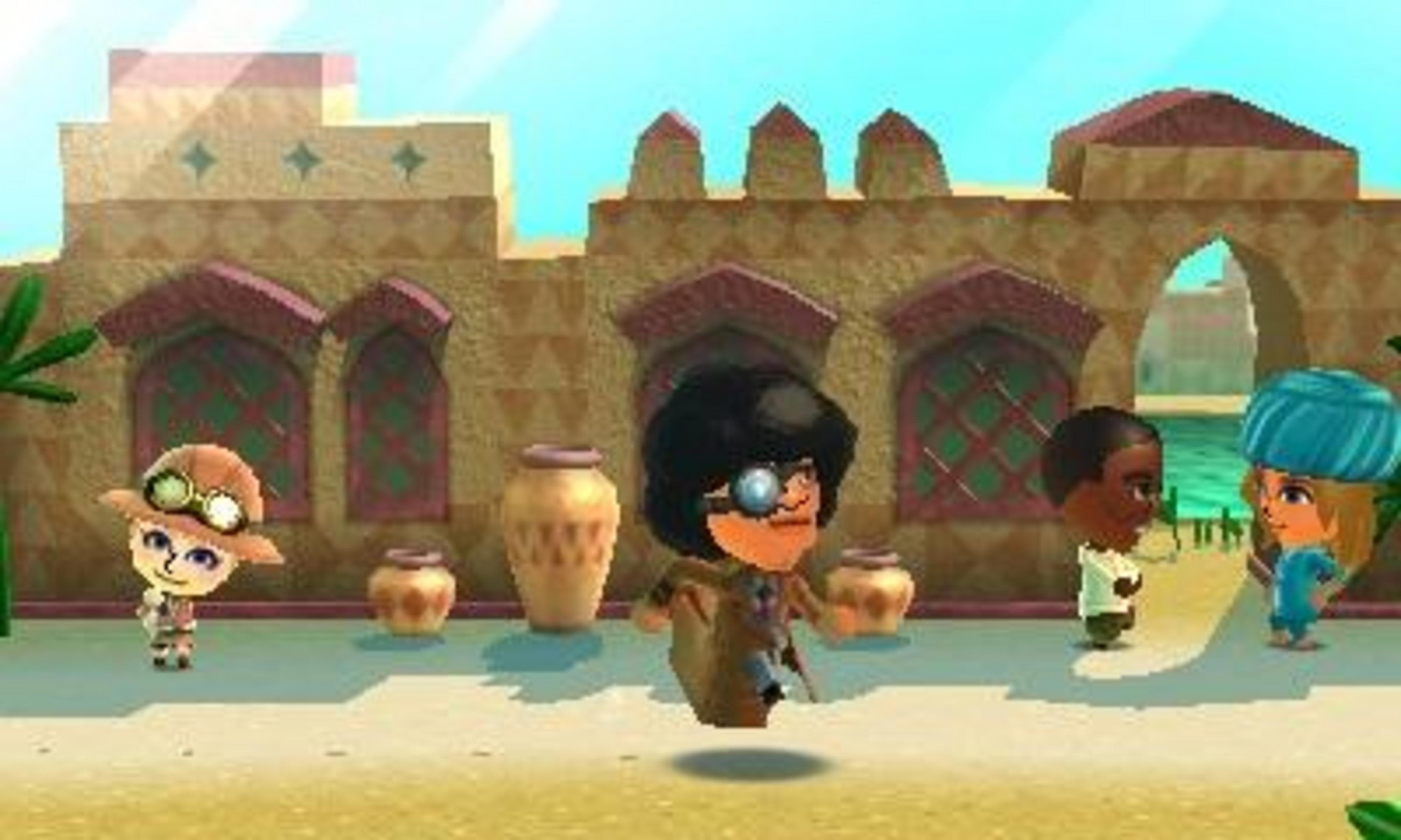 Personaggi dei cartoni animati in una città desertica con sabbia ed edifici in stile orientale.