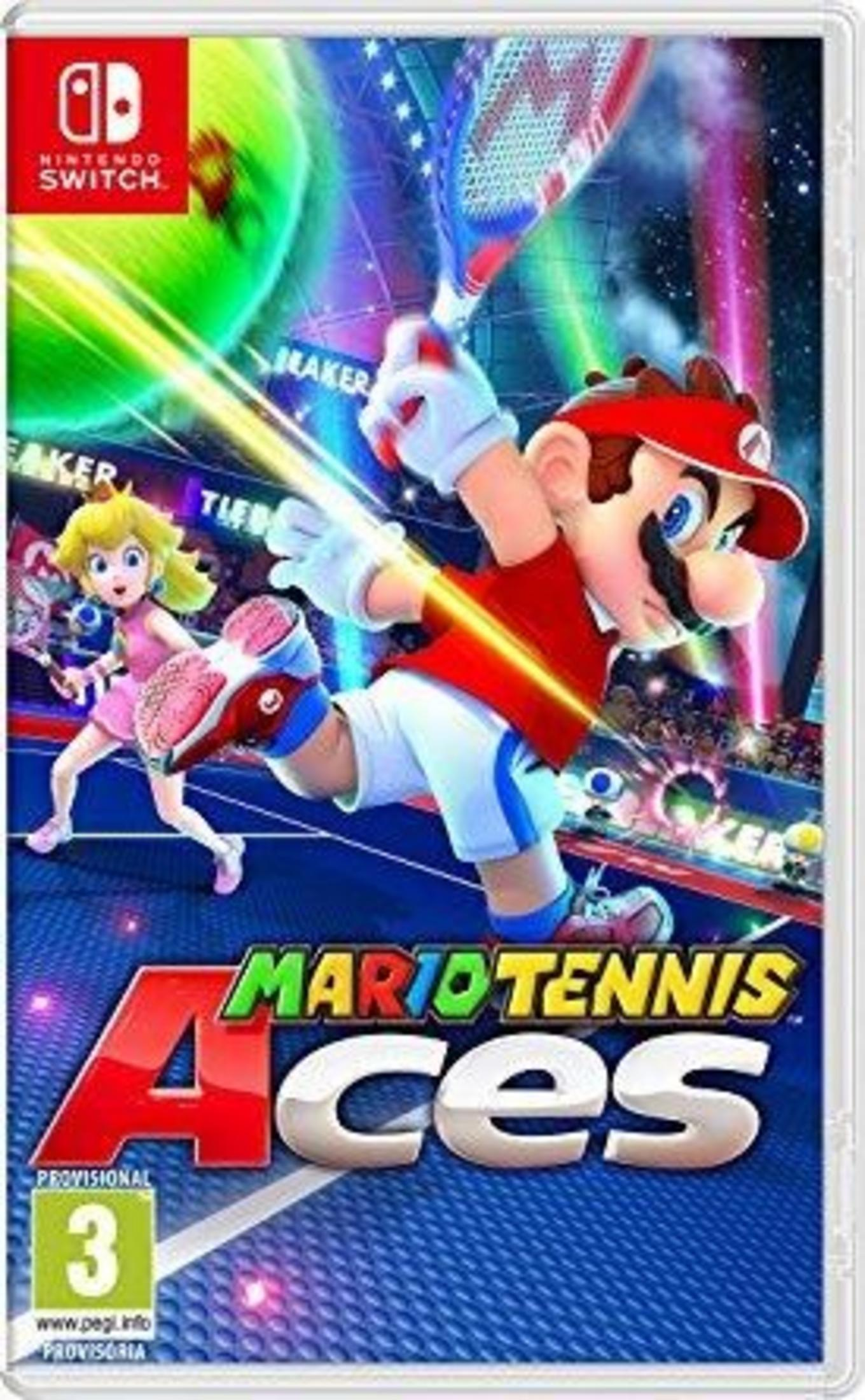 Mario e la Principessa Peach giocano a tennis su un campo colorato con luci brillanti.