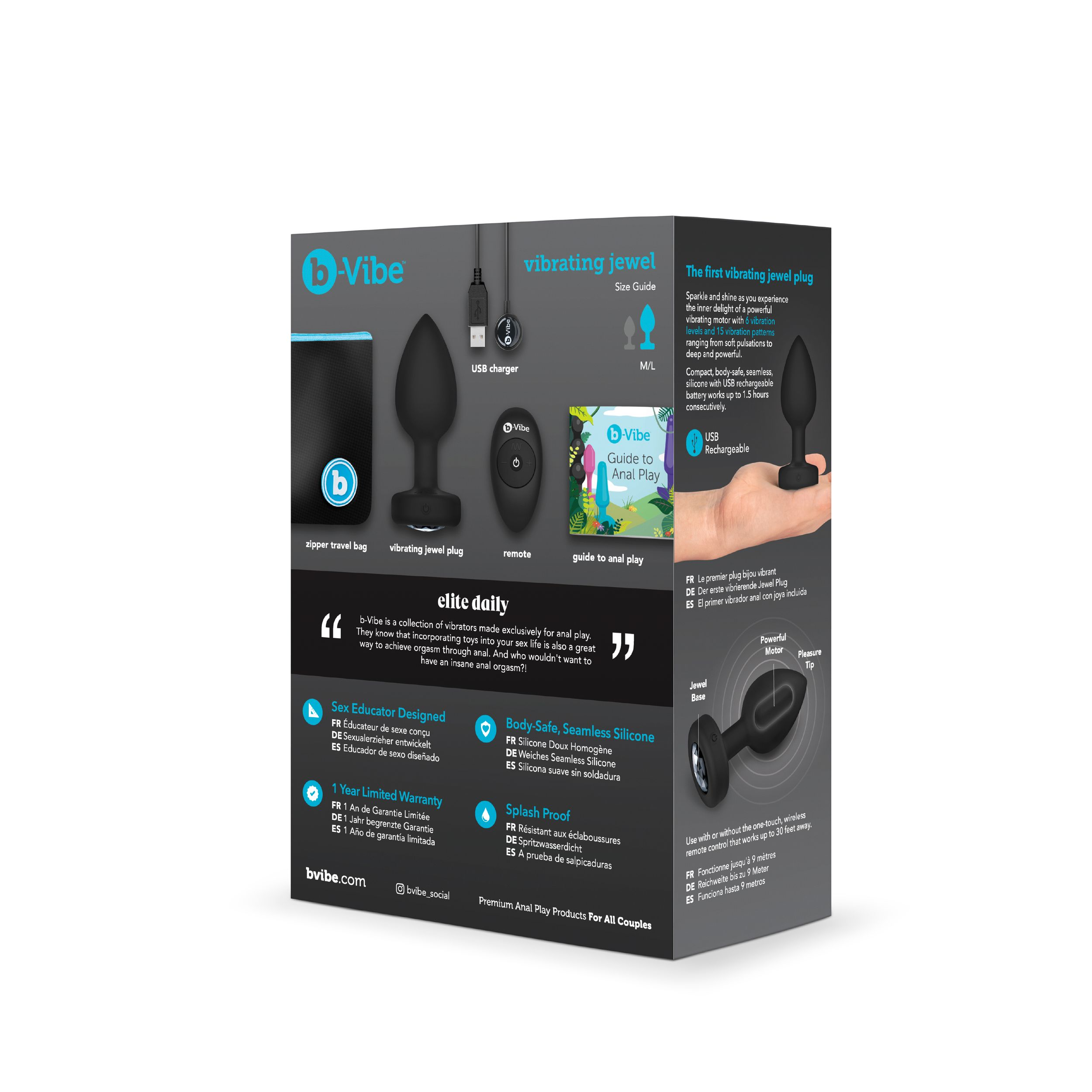 Vibrationsschmuck-Plug mit USB-Ladegerät, Fernbedienung und Anleitung.