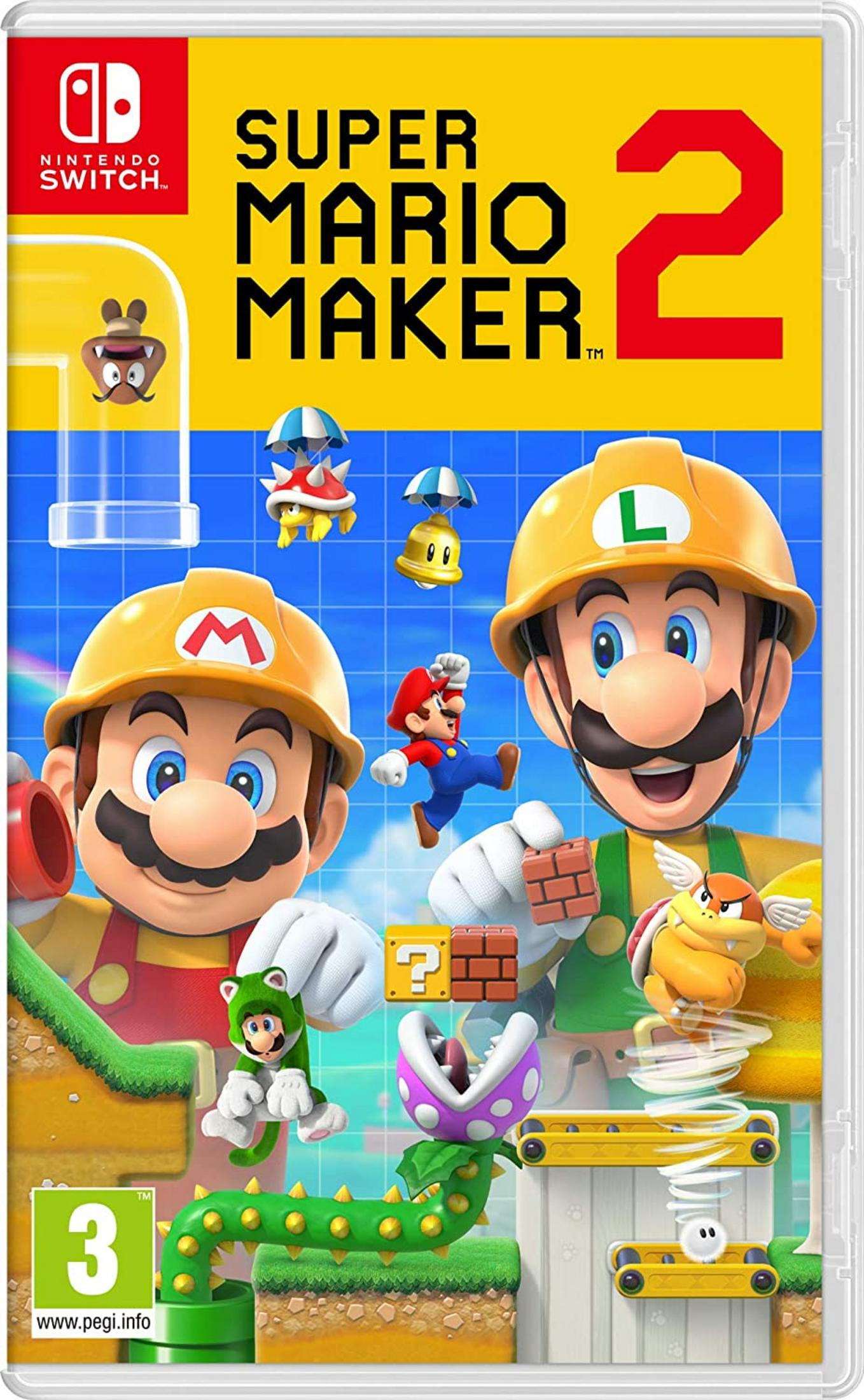 Copertina di Super Mario Maker 2 con Mario e Luigi con elmetti, Goomba, Pianta Piranha.