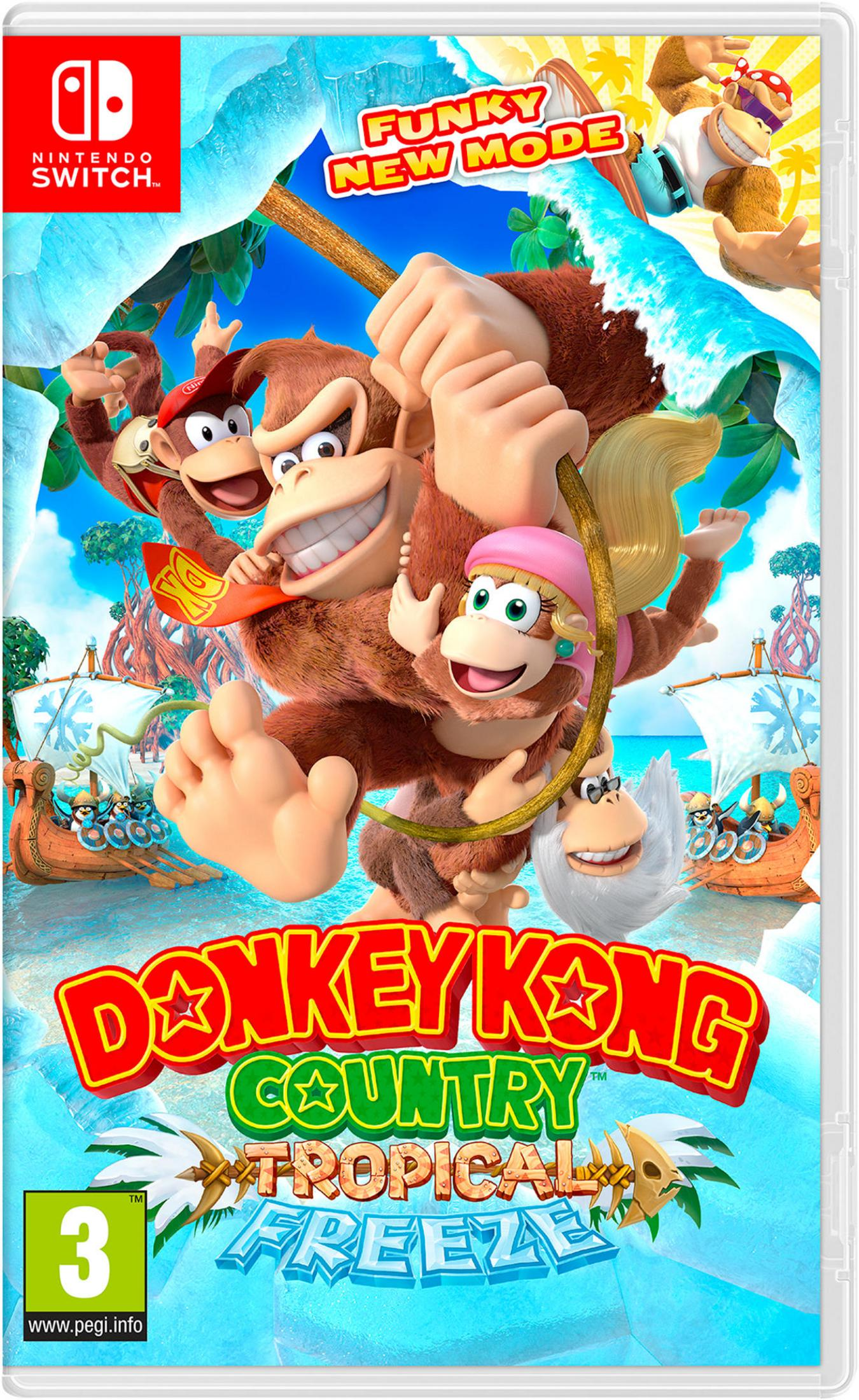 Donkey Kong e amici sulla copertina del gioco Nintendo Switch con temi ghiacciati e tropicali.