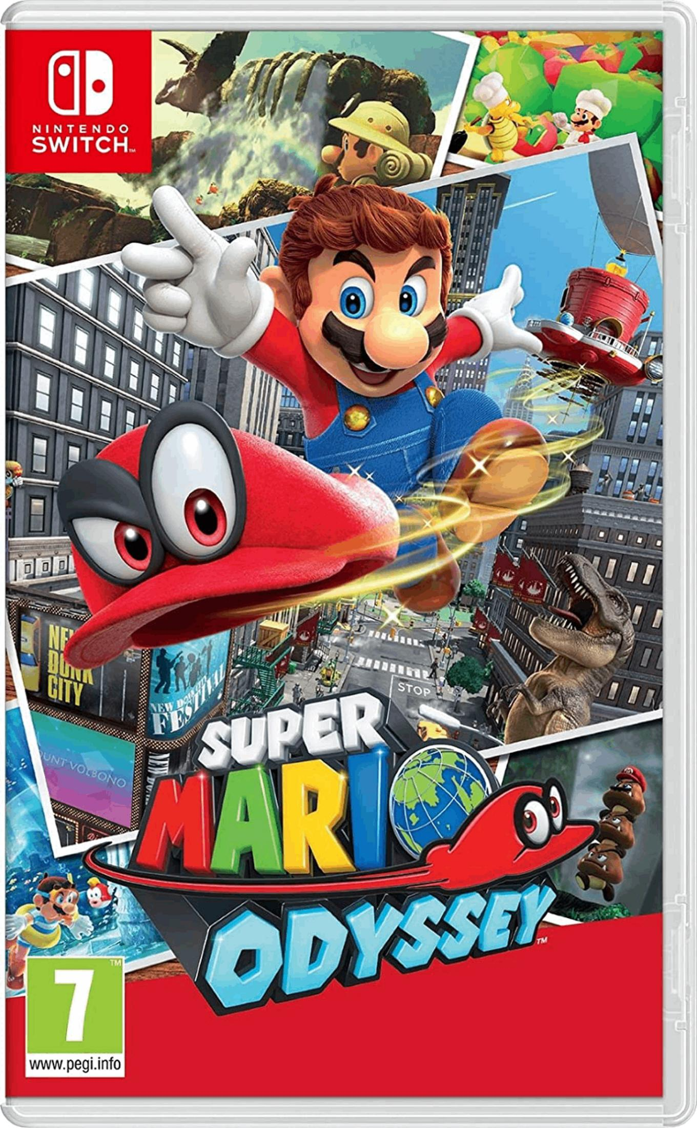 Mario salta sopra una città, con un dinosauro e il titolo del gioco Super Mario Odyssey.
