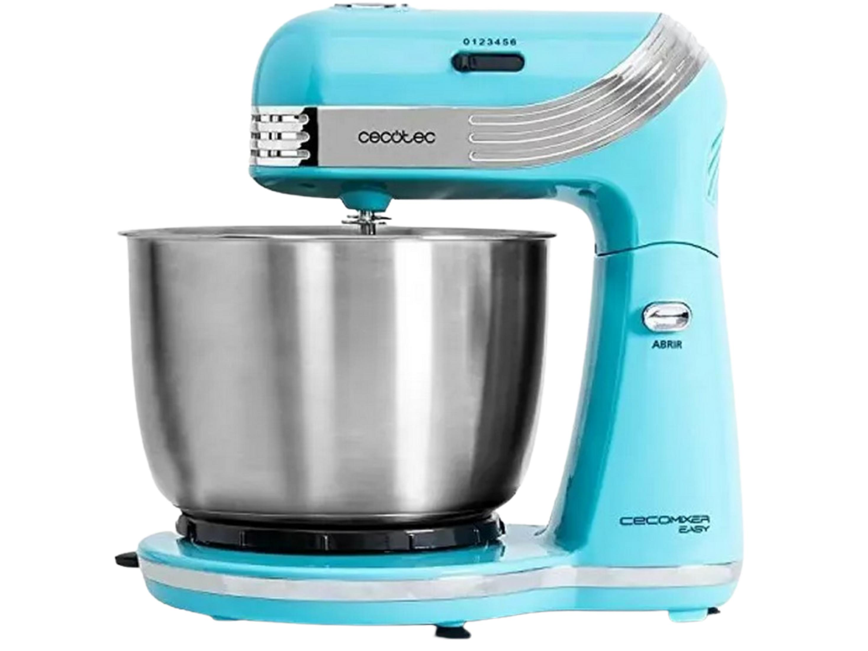 Una batidora de pie azul con bol de acero inoxidable, diseño retro y ajustes de velocidad.