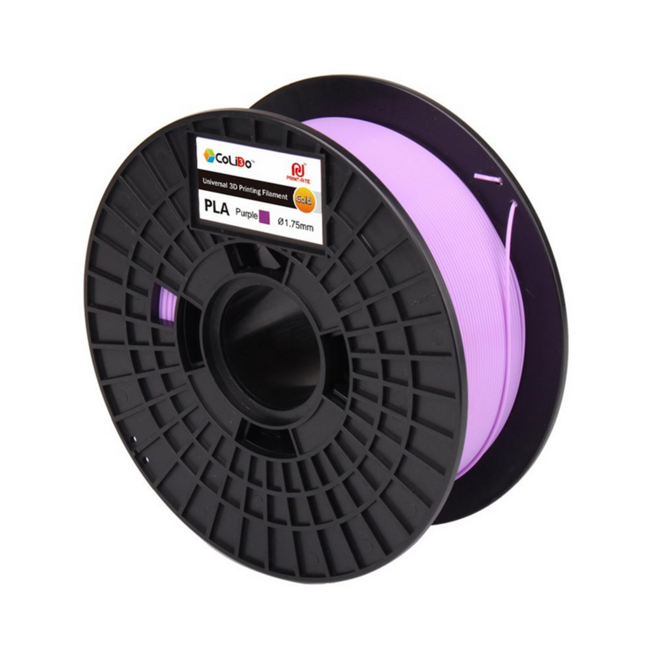 Una bobina de filamento morado para impresión 3D. Marco negro, fondo blanco.