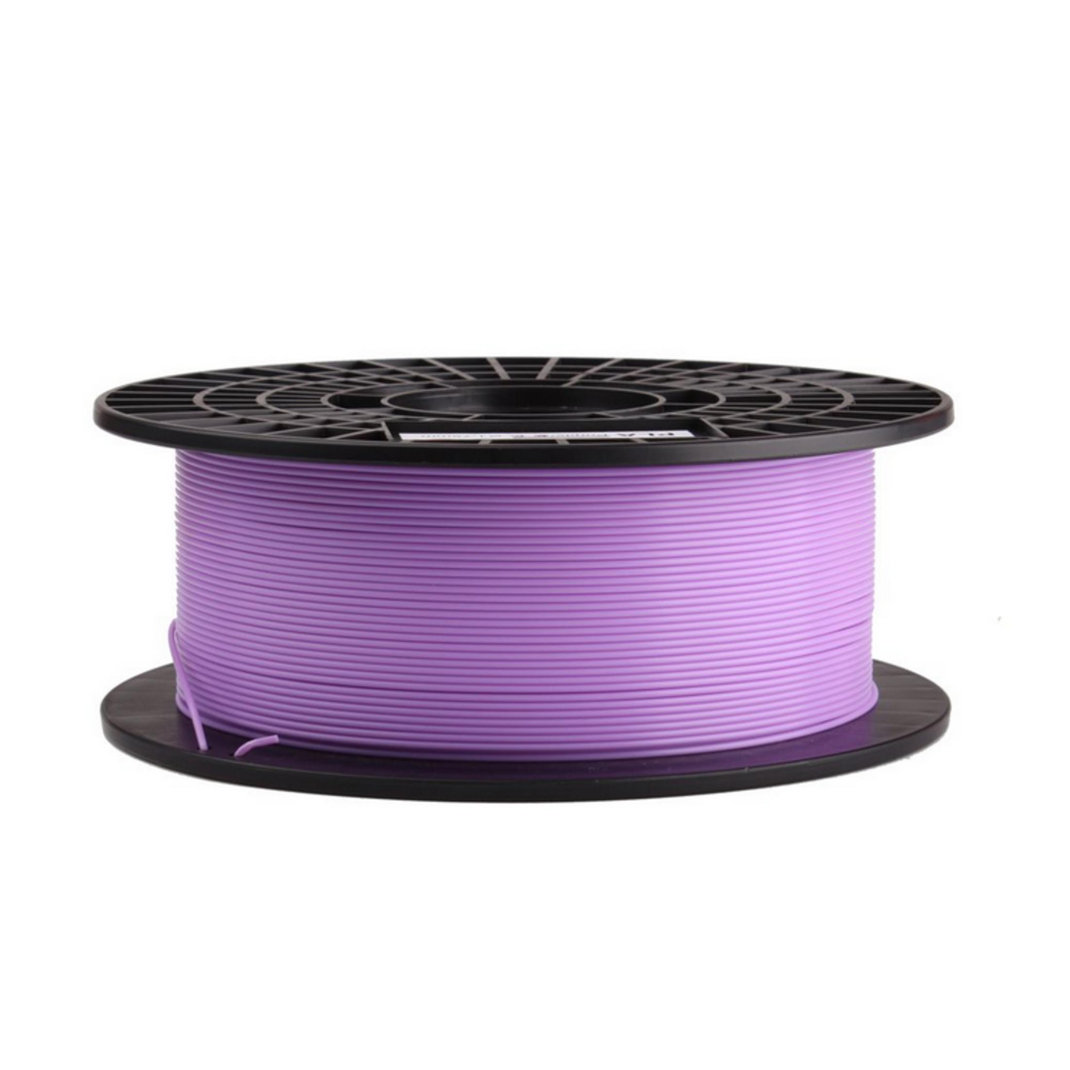 Una bobina de filamento morado para impresión 3D, sobre fondo blanco.