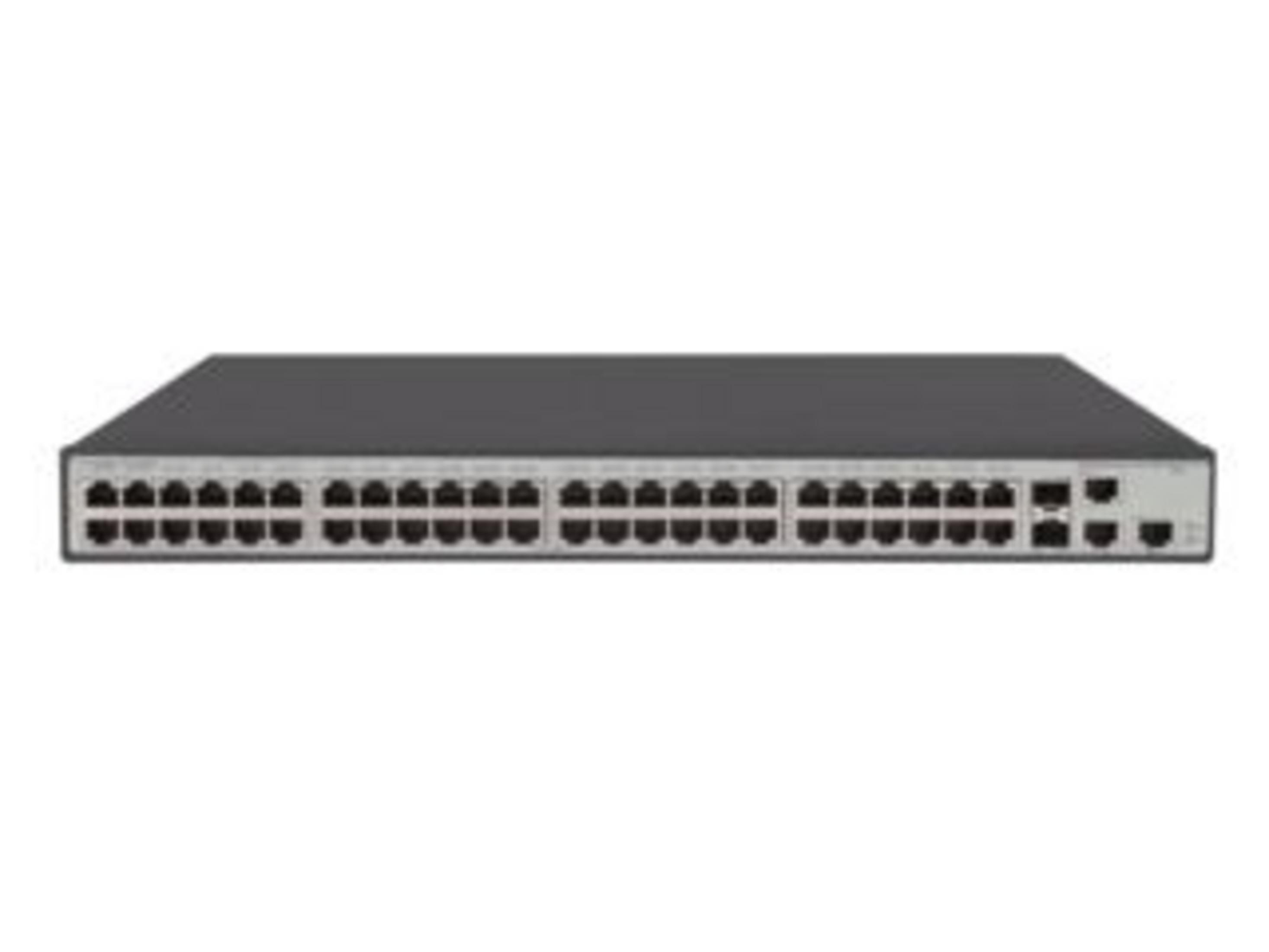 Uno switch di rete grigio con molte porte sul davanti.