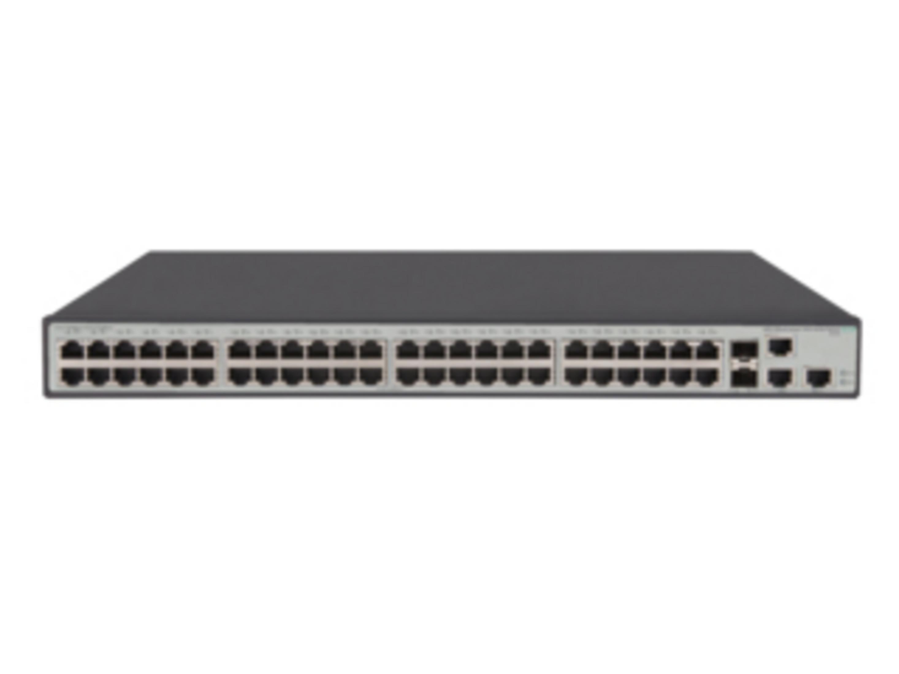 Uno switch di rete grigio con molte porte sul davanti e alcune a destra.
