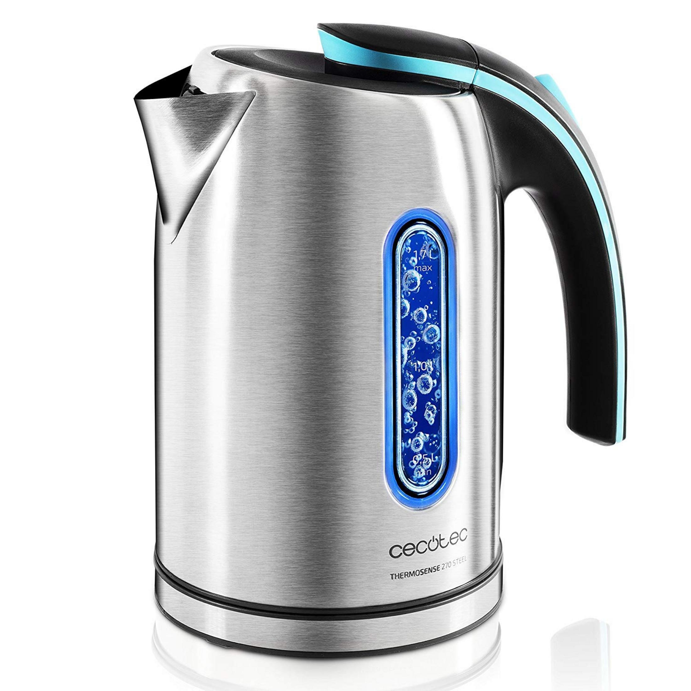 Un bollitore elettrico argentato con indicatore del livello dell'acqua illuminato di blu.