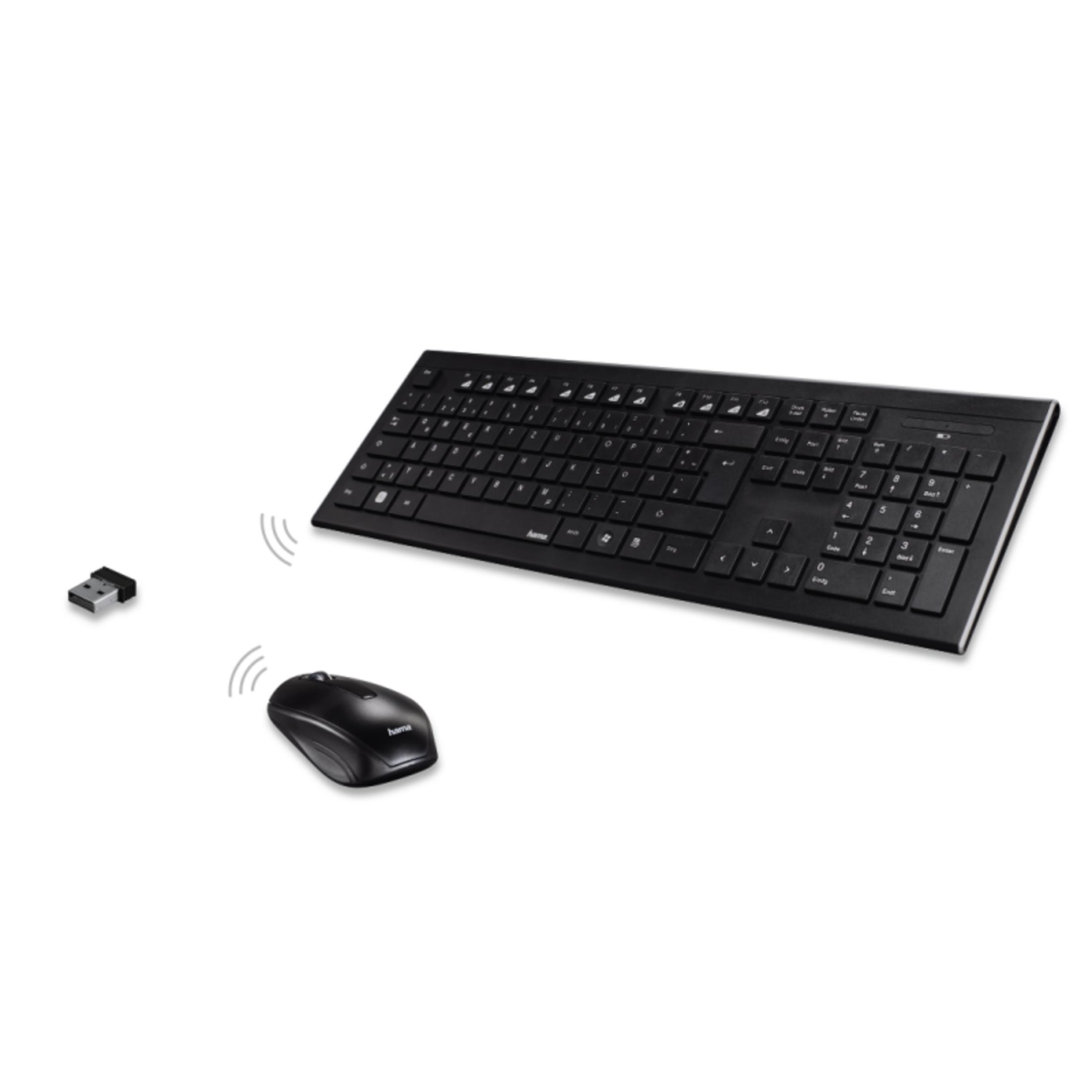 Teclado, ratón y receptor USB inalámbricos negros sobre fondo blanco.