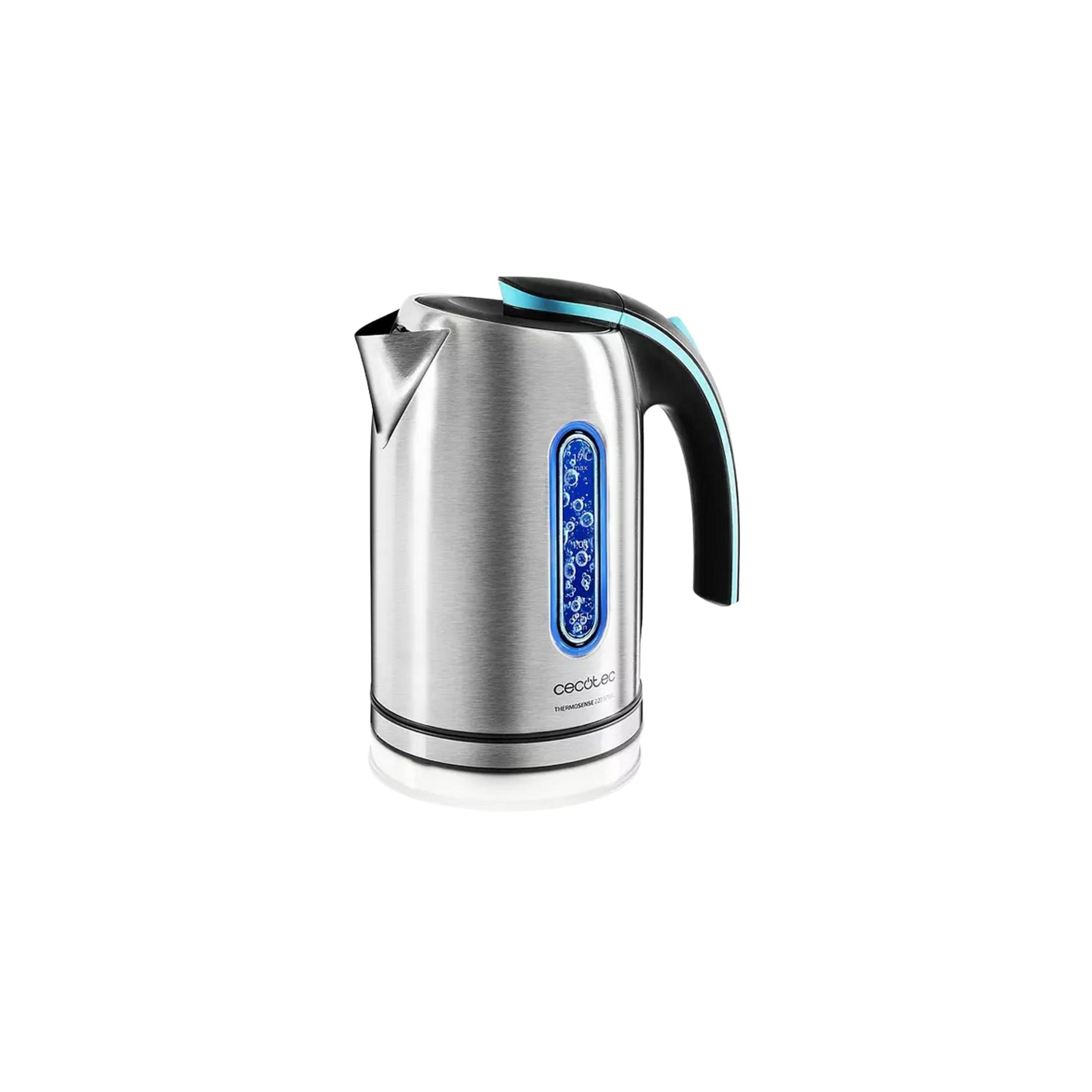 Un bollitore elettrico argentato con indicatore livello acqua illuminato blu e manico nero.