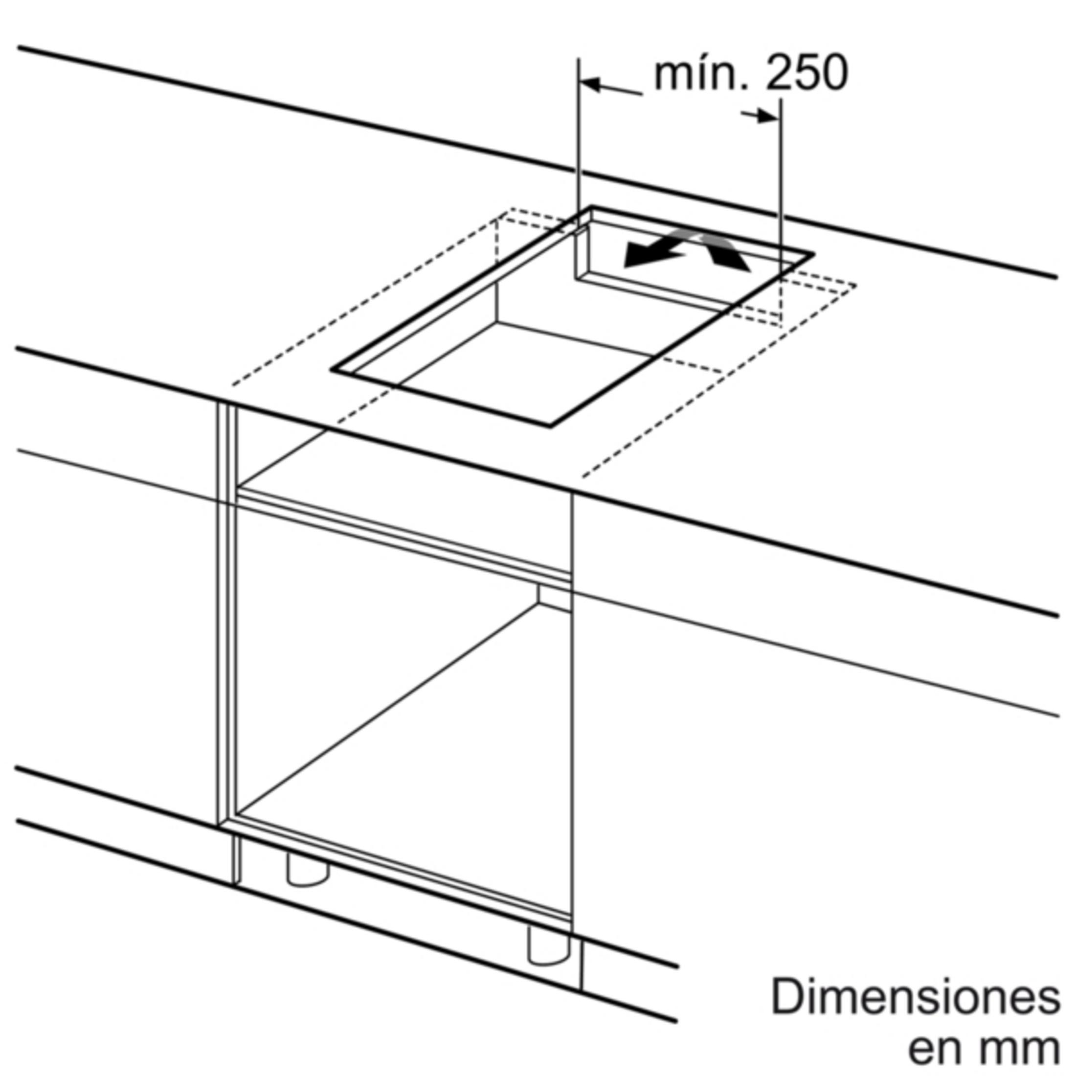 Dibujo de instalación de campana extractora con distancia mínima 250mm.