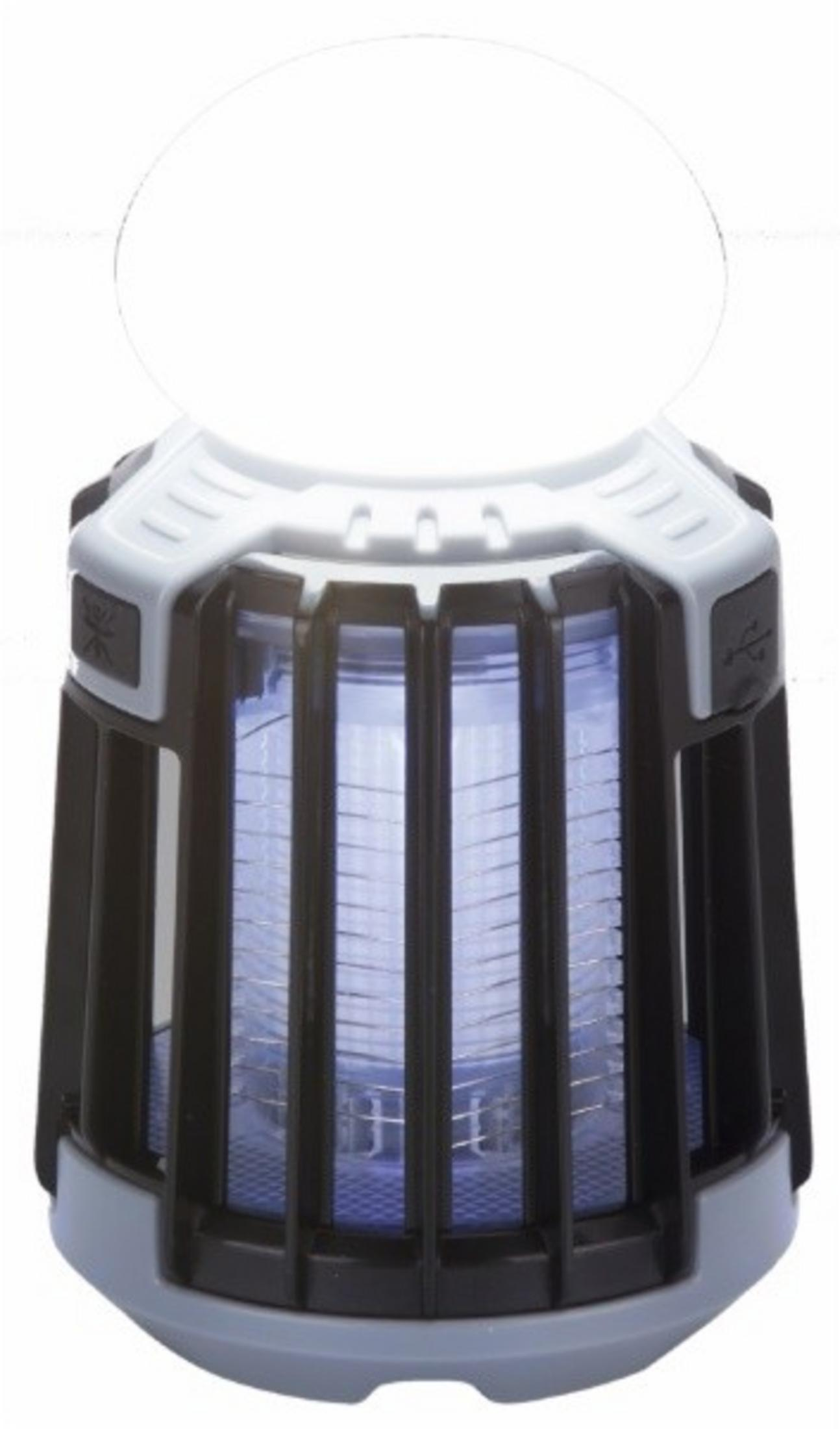 Una trampa eléctrica para mosquitos en blanco y negro con luz azul.