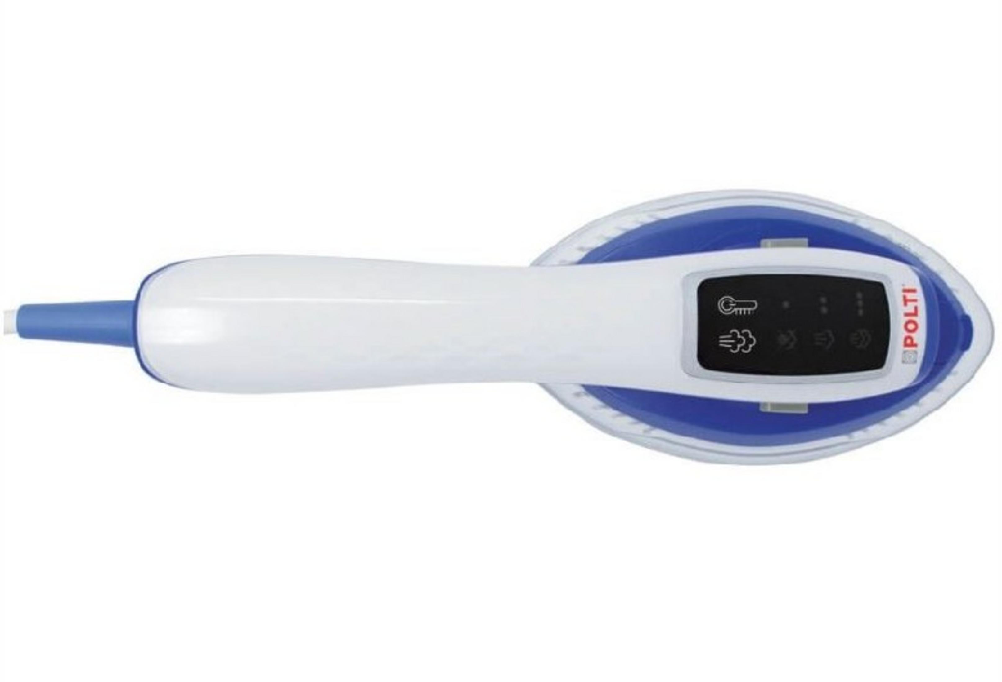 Un ferro da stiro a vapore portatile bianco e blu con display digitale.