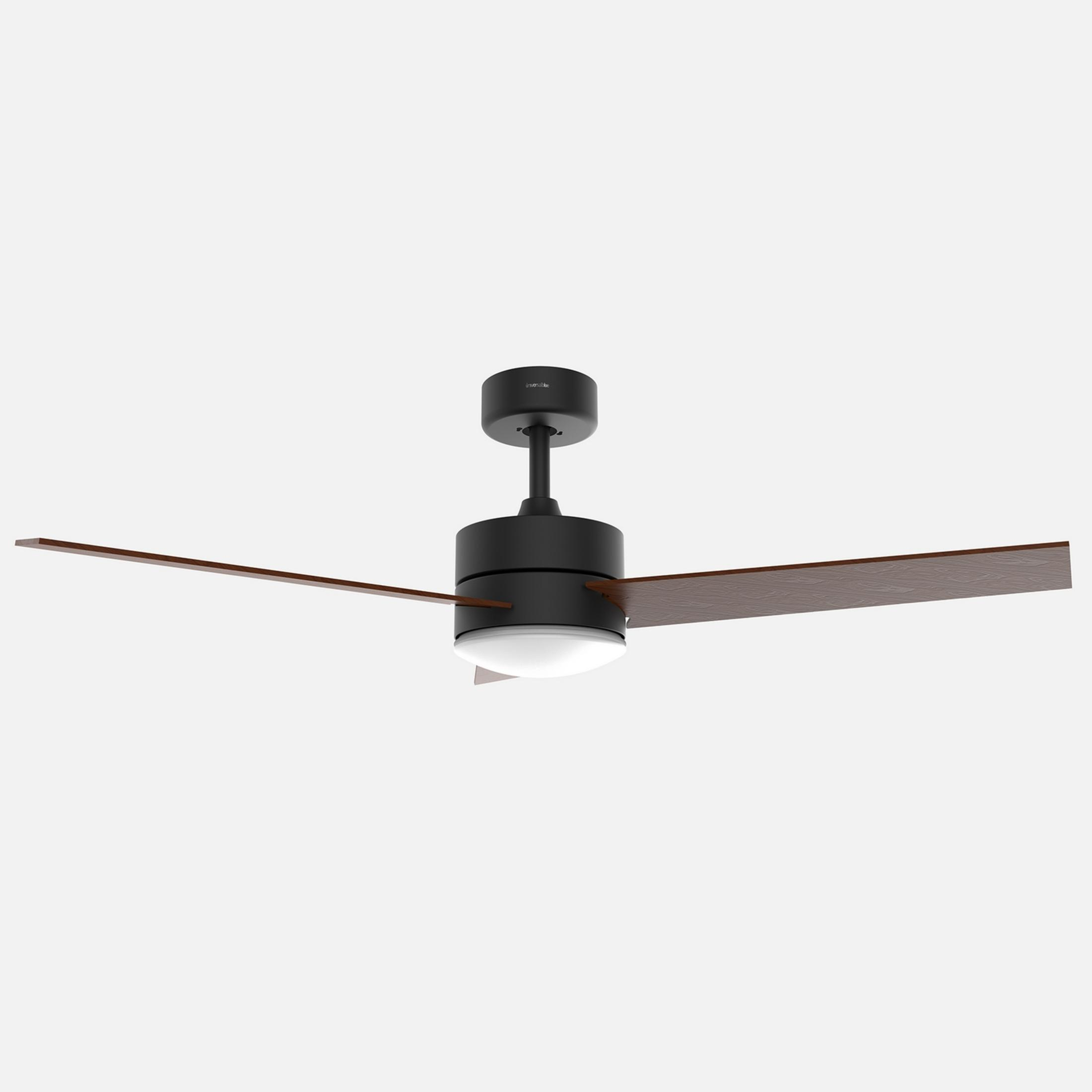 Ventilatore da soffitto nero con due pale in legno e luce integrata.