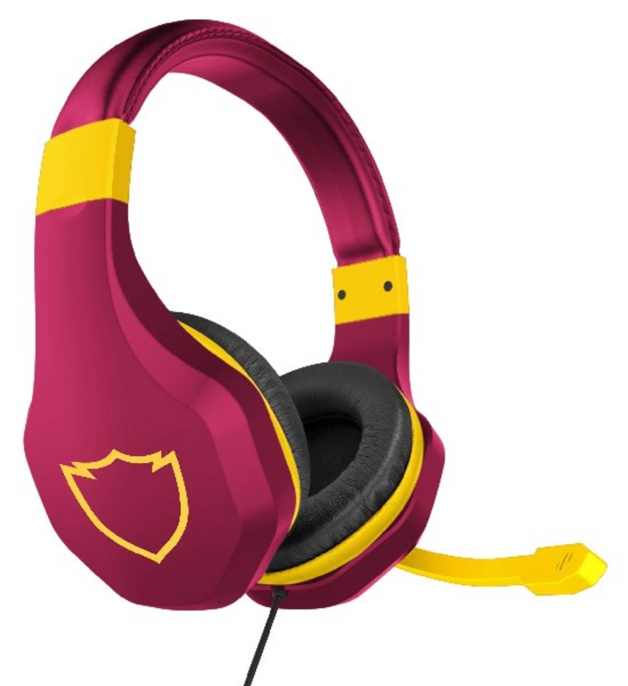 Un auricolare color vinaccia con accenti gialli e logo a scudo.