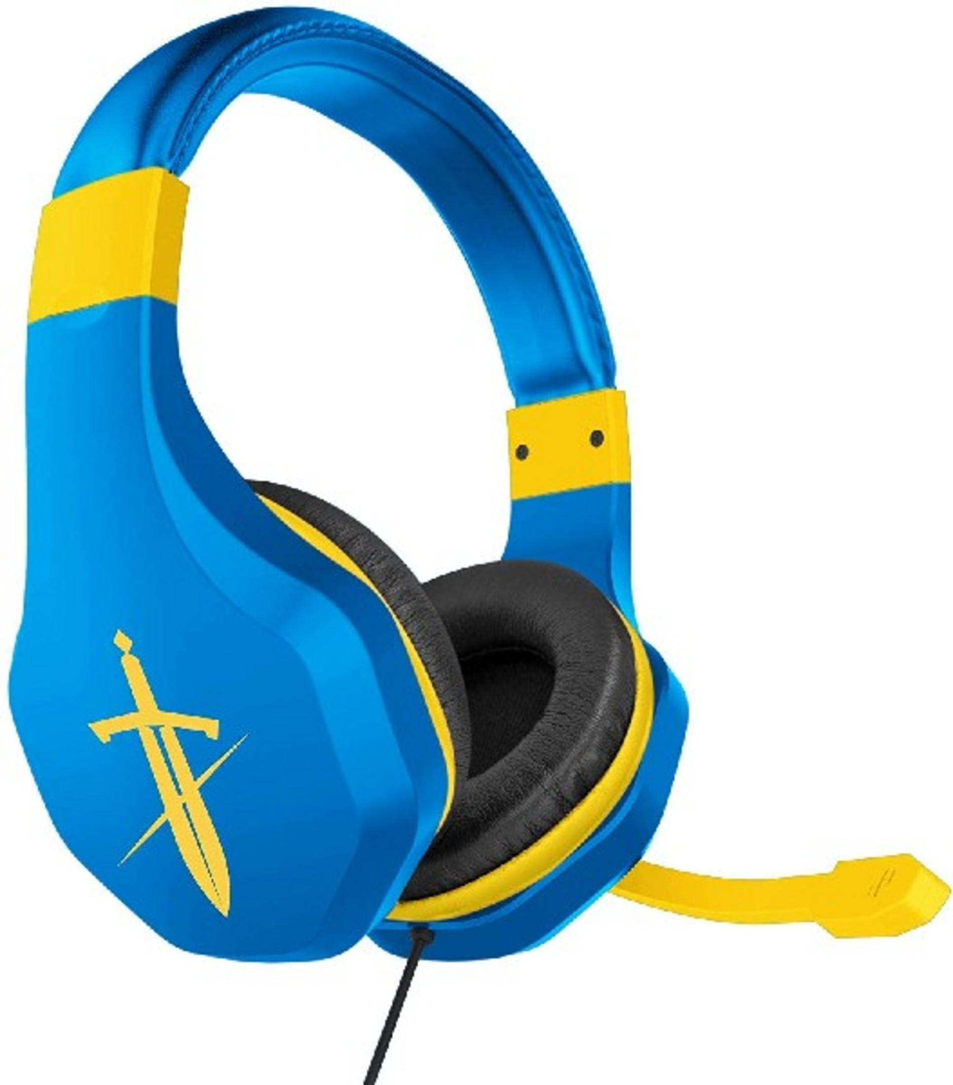 Cuffie blu e gialle con logo spada giallo sull'auricolare e microfono.
