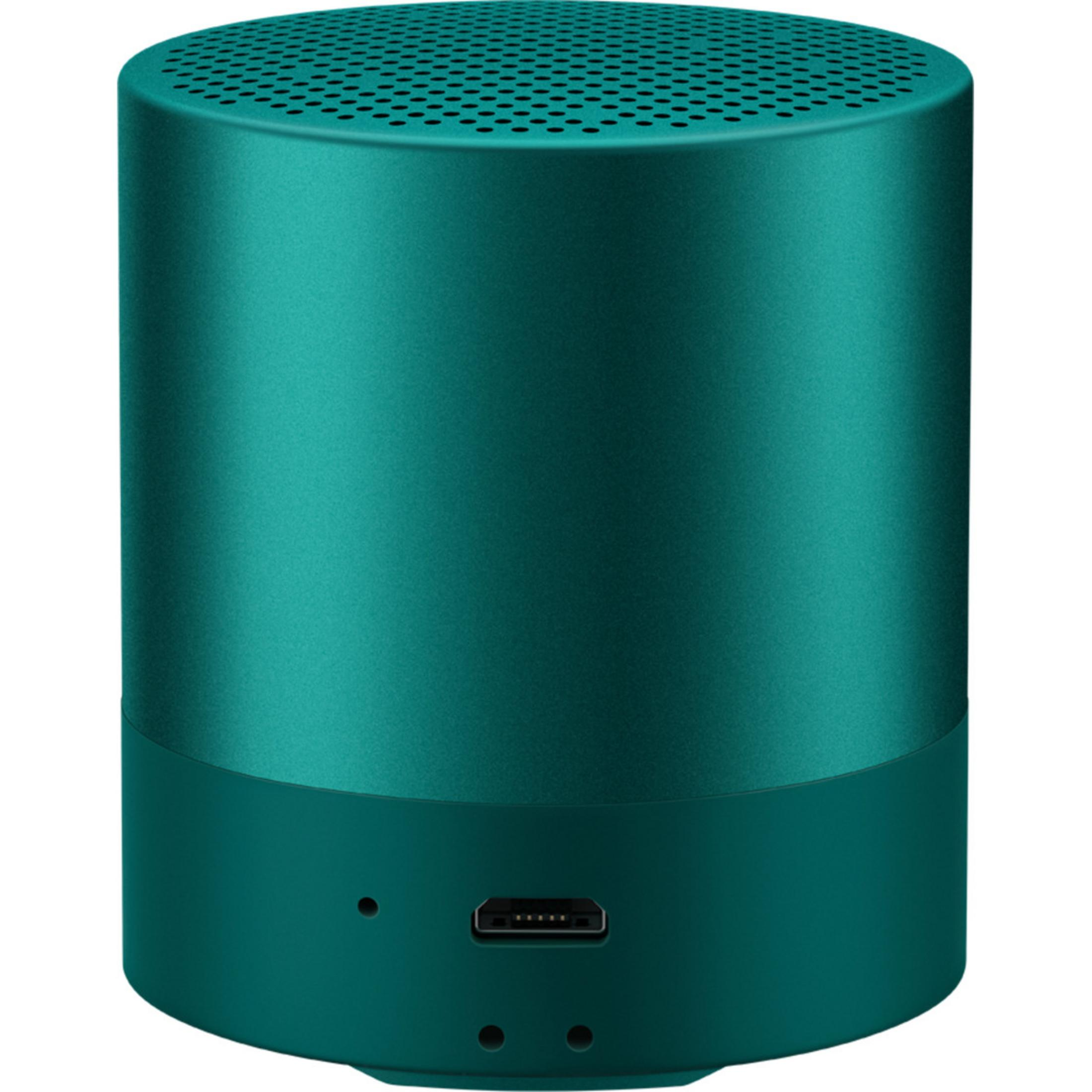 Un altoparlante Bluetooth cilindrico color verde acqua con parte superiore perforata e porta USB sul lato.