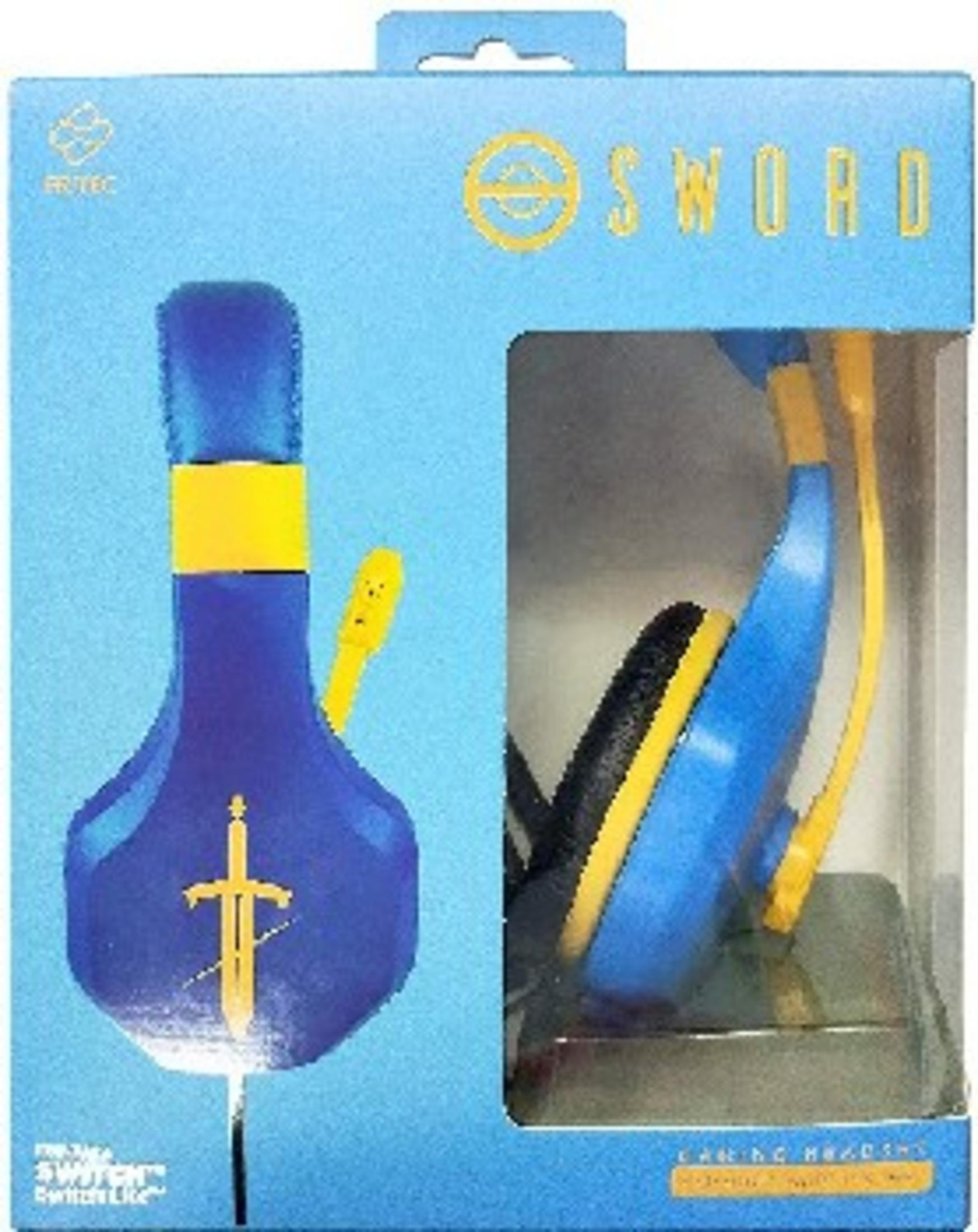 Scatola con cuffie blu, accenti gialli e simbolo di spada.