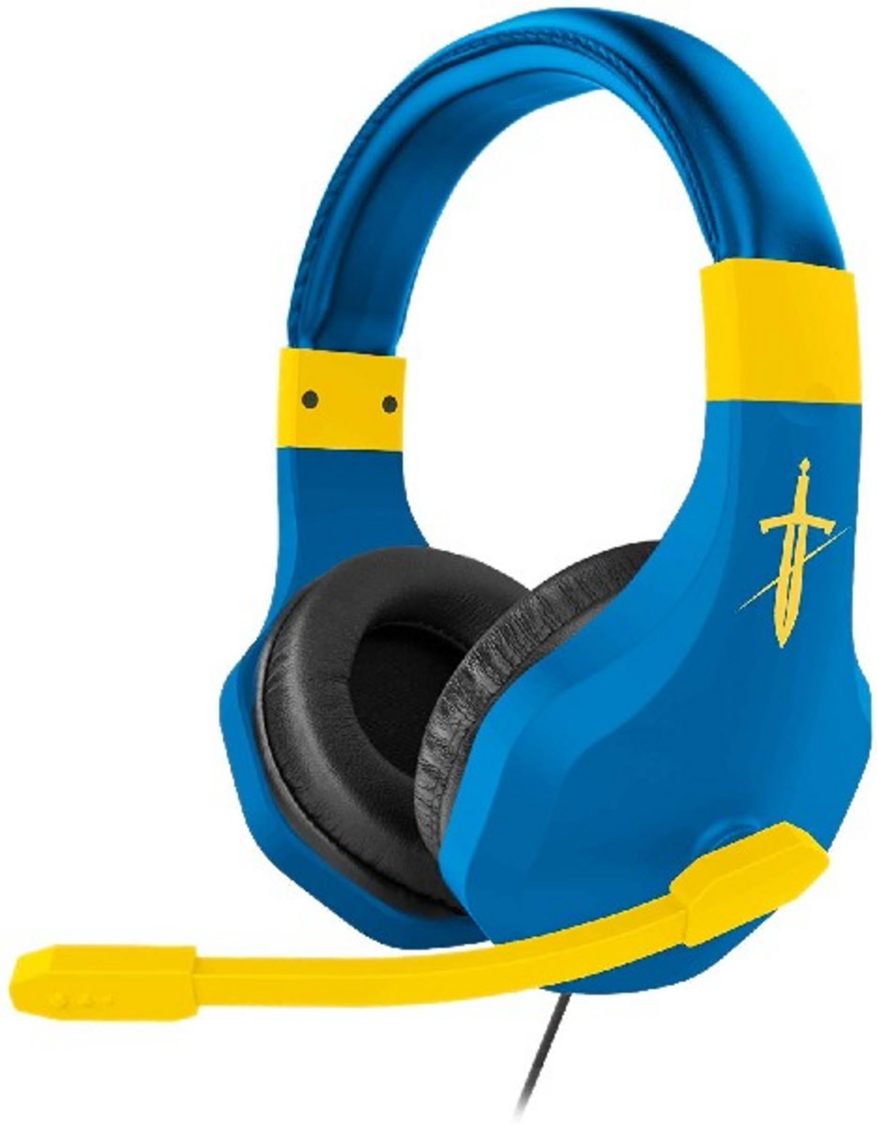 Cuffie blu e gialle con microfono ed emblema di spada.