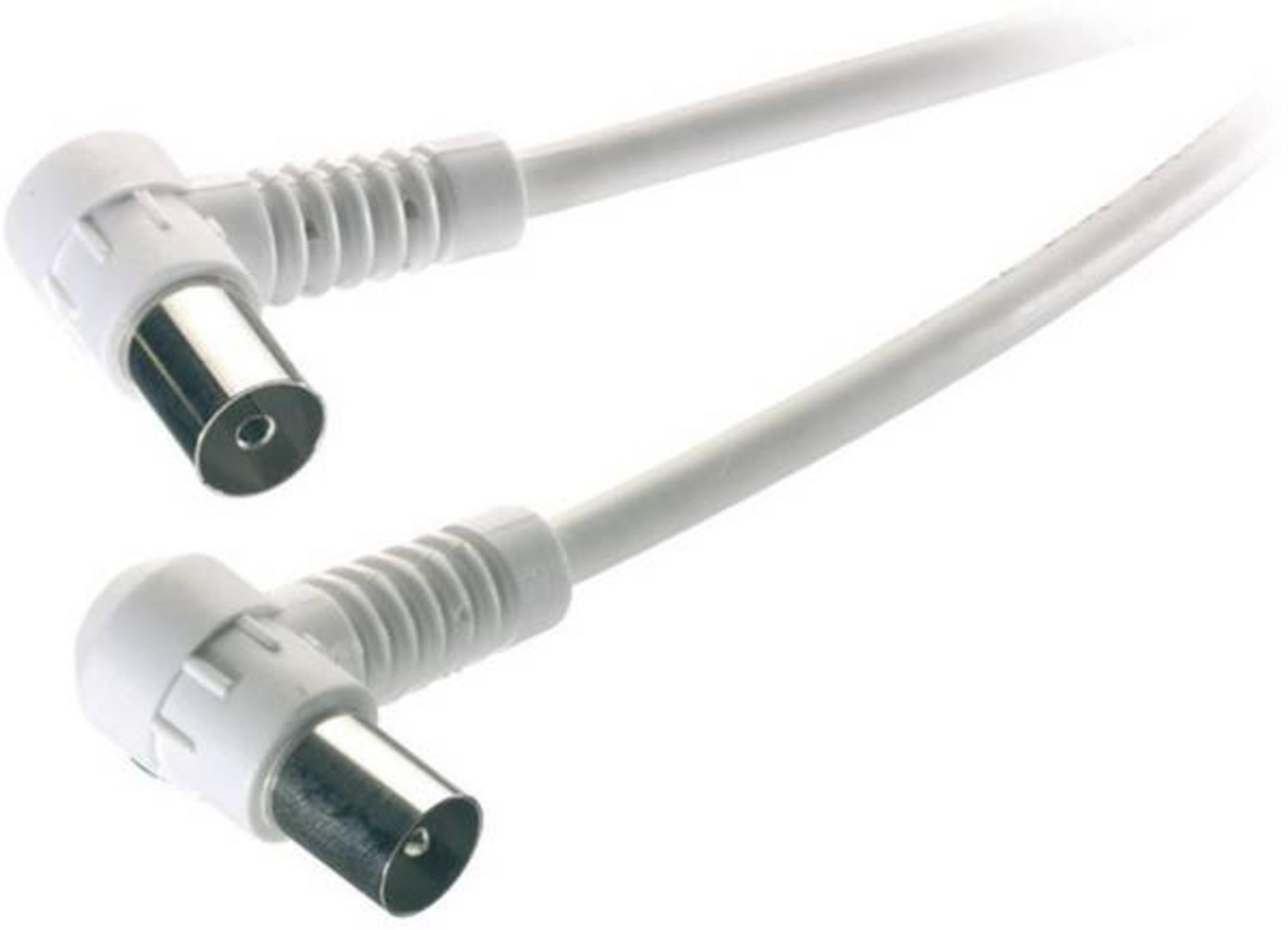 Un cable de antena blanco con dos conectores en ángulo sobre fondo blanco.