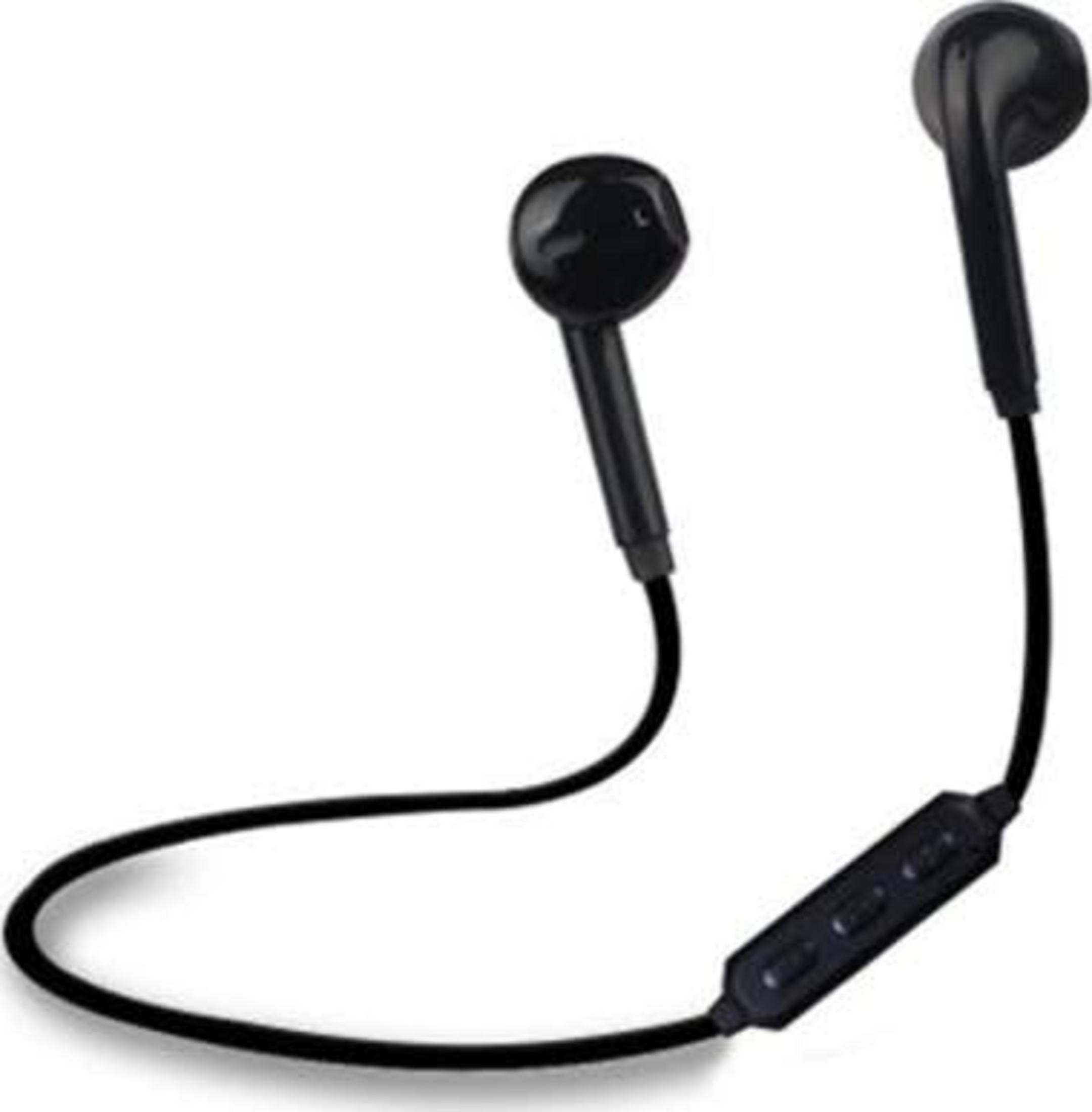 Auricolari wireless neri con filo di collegamento e controlli in linea.